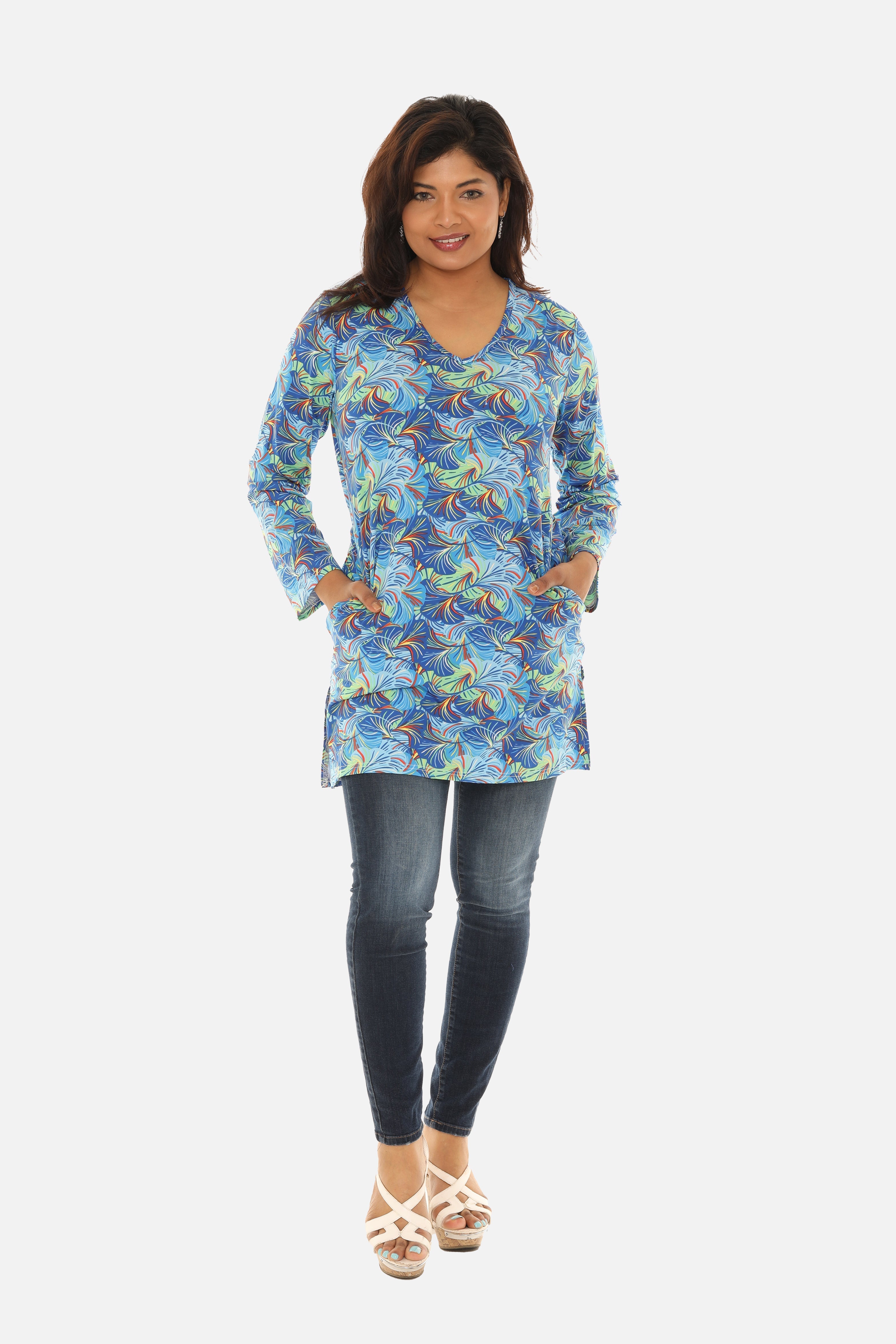 UPF 50+ Printed Women Long Tunic with Both Side Pockets - Charming Charlie