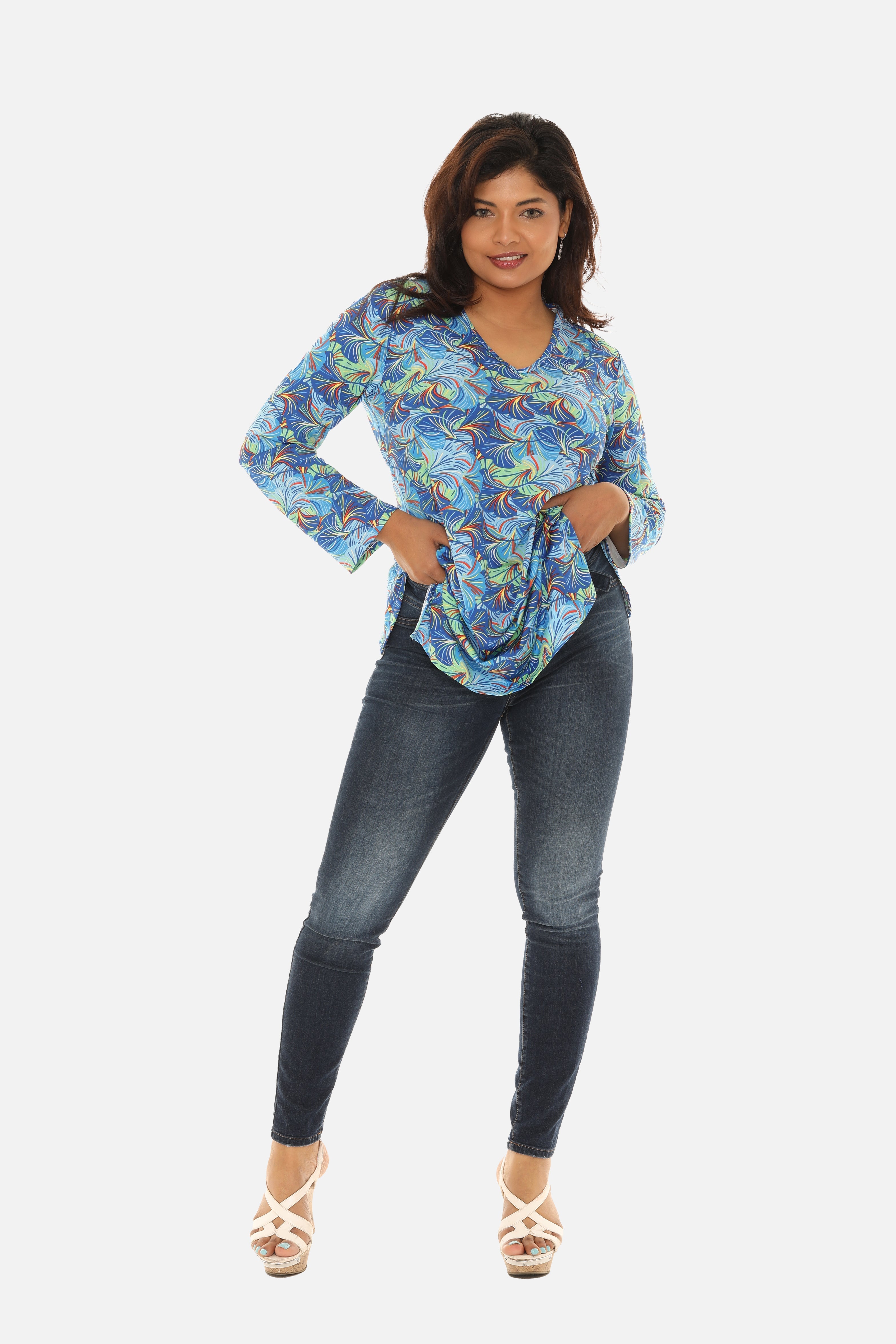 UPF 50+ Printed Women Long Tunic with Both Side Pockets - Charming Charlie