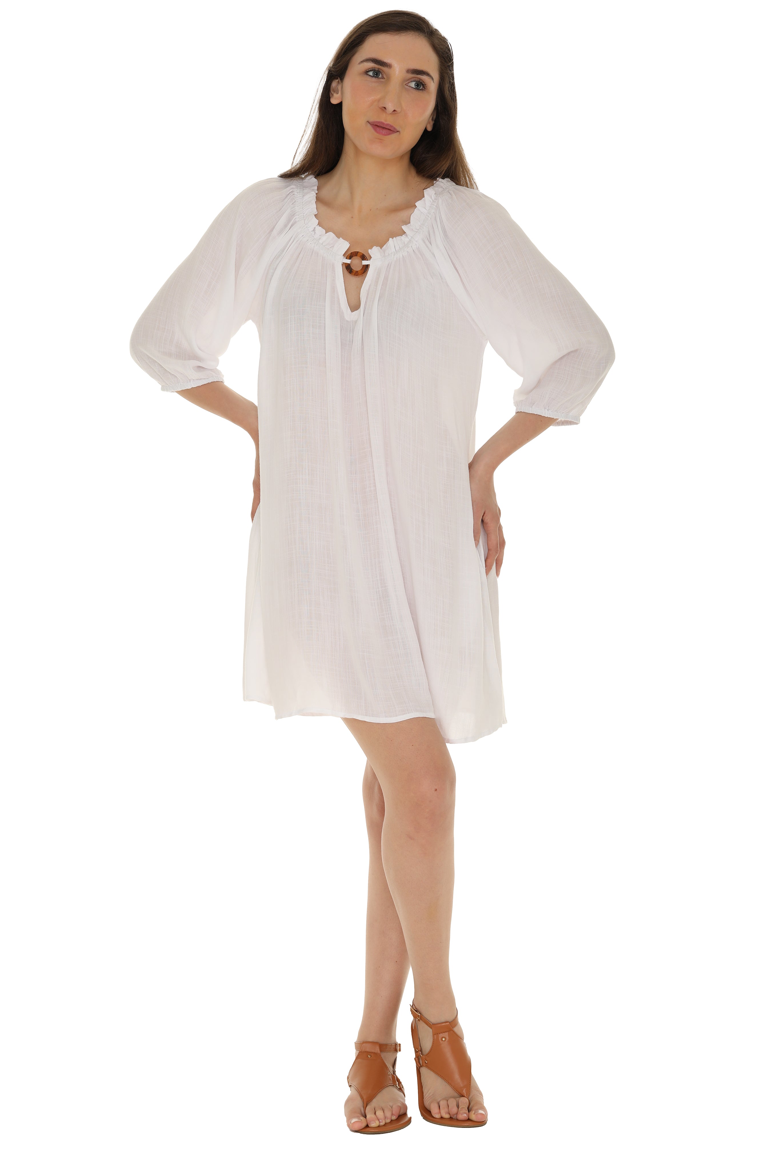 Rayon Keyhole Off-Shoulder Peasant Dress - Shoreline Wear, Inc.