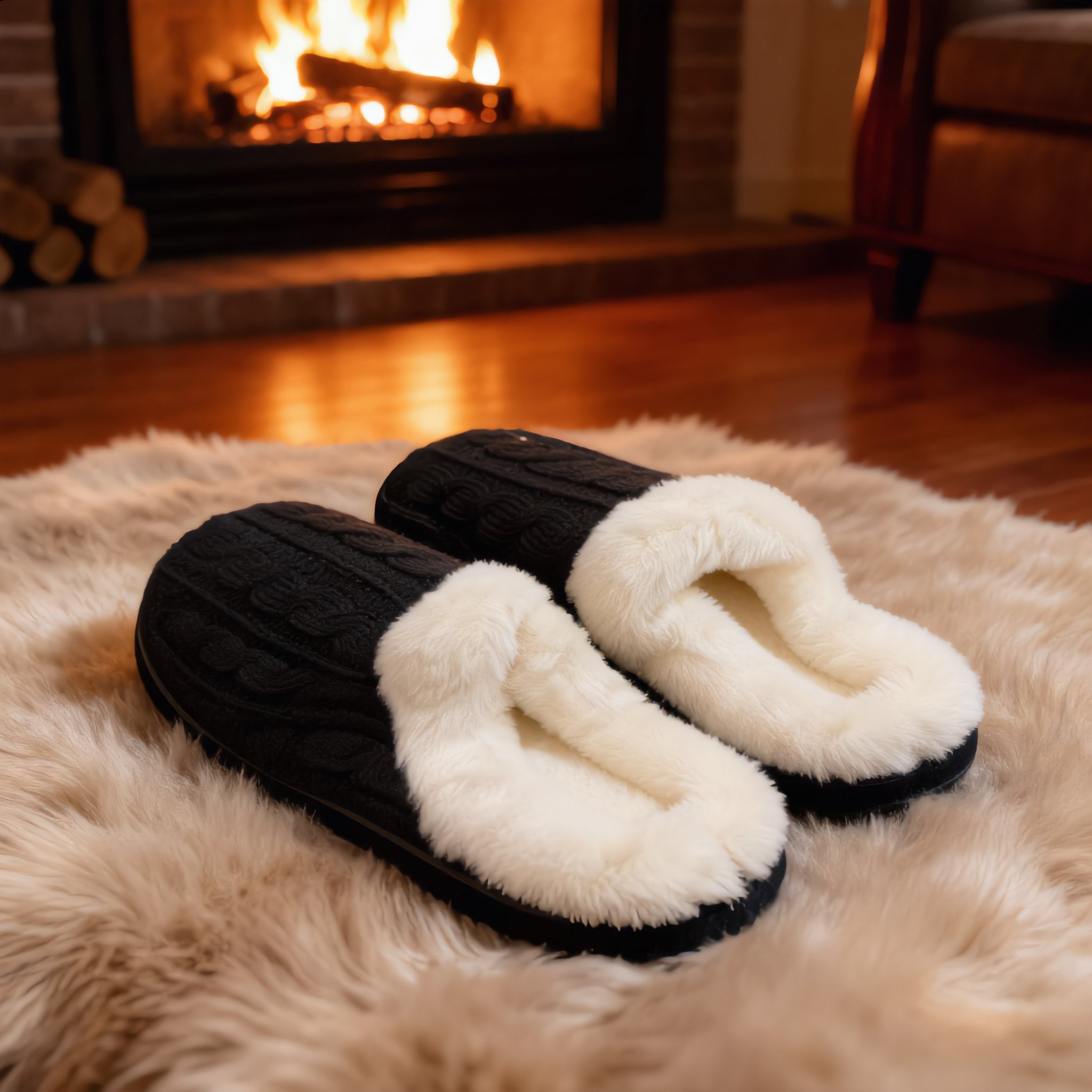 Black Cable Knit Faux Fur Slippers - Charming Charlie