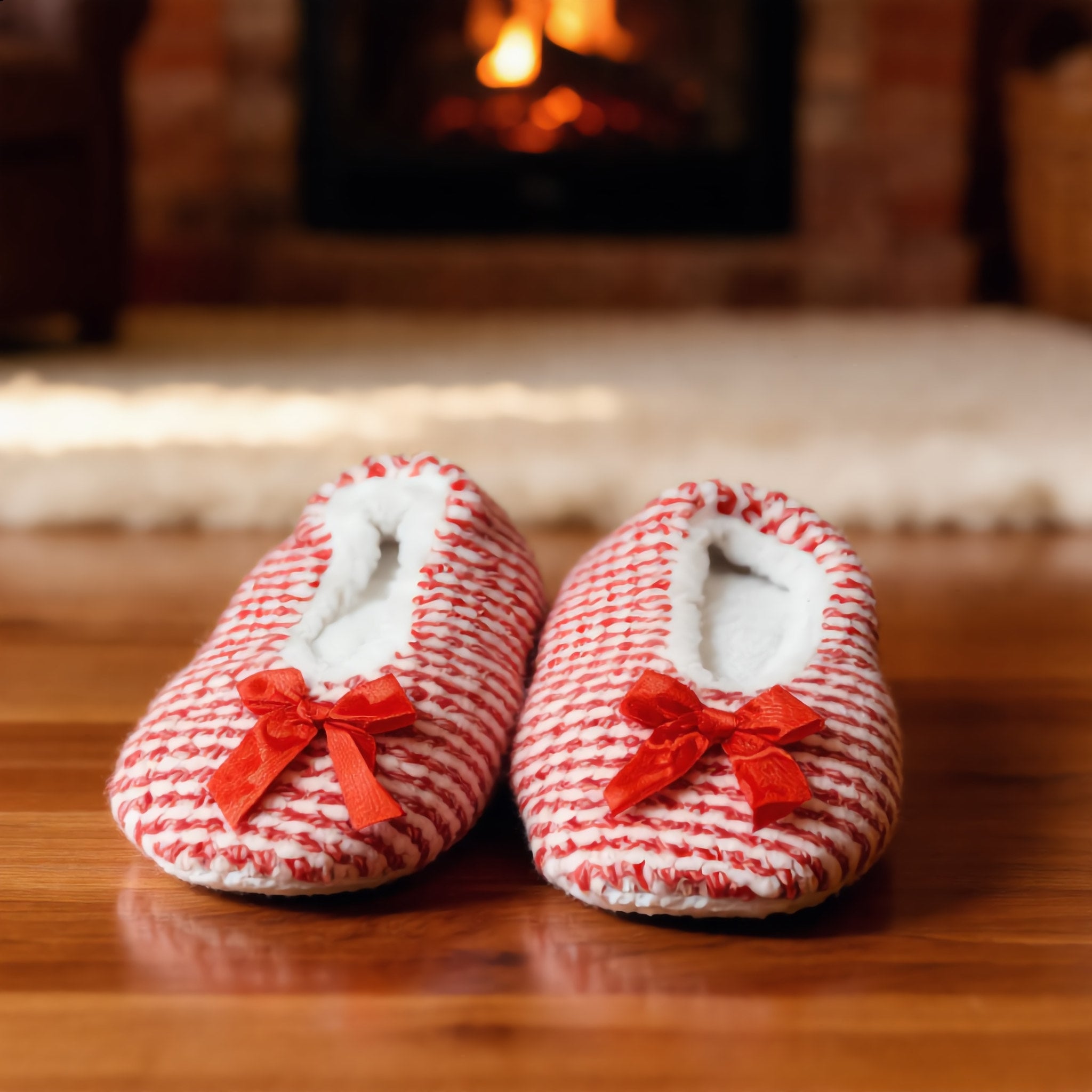 Red White Striped Knit Bow Slippers - Charming Charlie