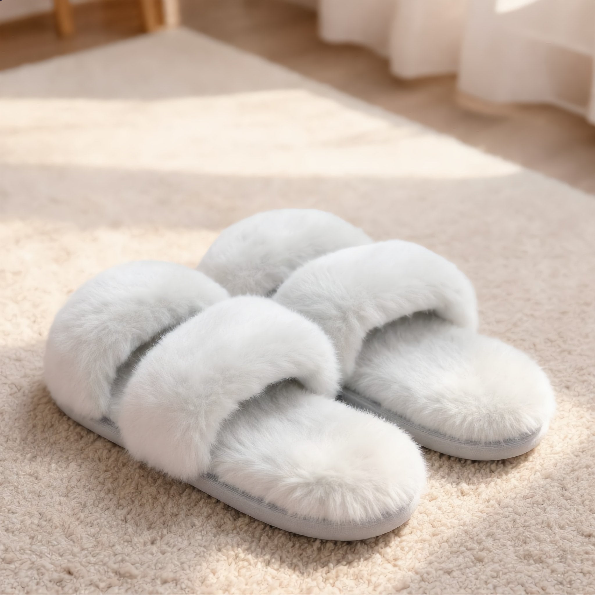 Cozy White Faux Fur Cross-Band Slippers - Charming Charlie