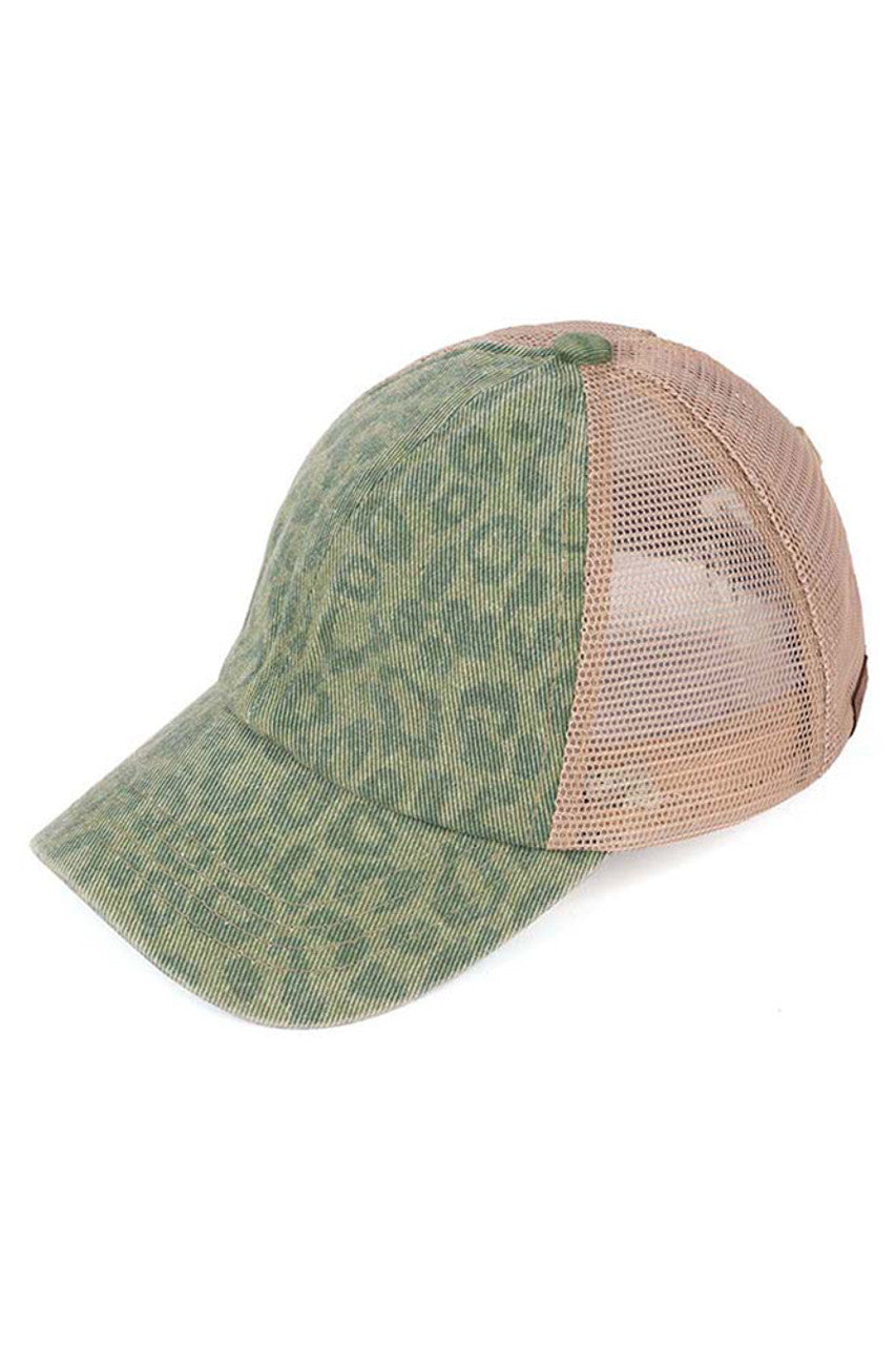 Sage C.C Leopard Pattern Criss Cross Ponycap features a bold and trendy leopard pattern, perfect for adding a pop of style to any outfit. The crisscross design adds a unique touch, while the ponycap style allows for easy and comfortable wear. Stay fashionable and functional with this must-have accessory.