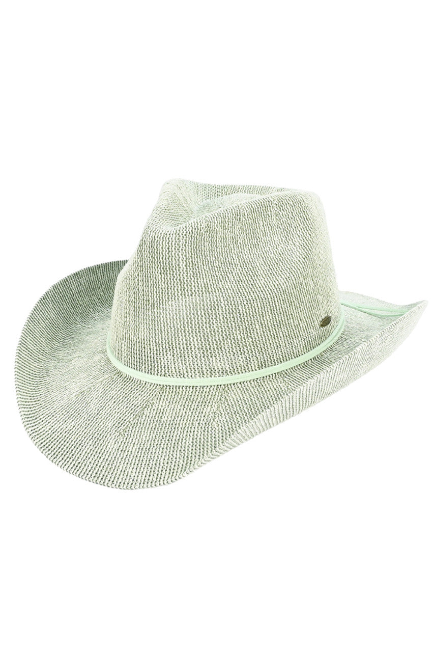 Sage C.C Metallic Band Trim Cowboy Hat offers a stylish twist to the classic cowboy hat. With a metallic band trim, it adds a touch of glamour to any outfit. Made with quality materials, it provides both fashion and functionality, making it a must-have accessory for any fashion-forward individual. Elevate your western look with this trendy cowboy hat.