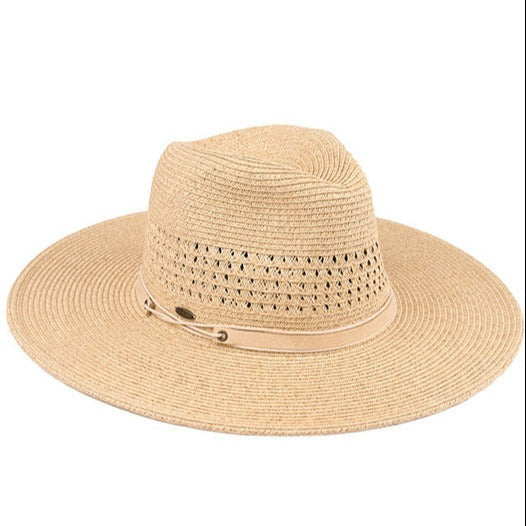 C.C Faux Leather String Paper Straw Panama Hat - Sand - Sun Hats