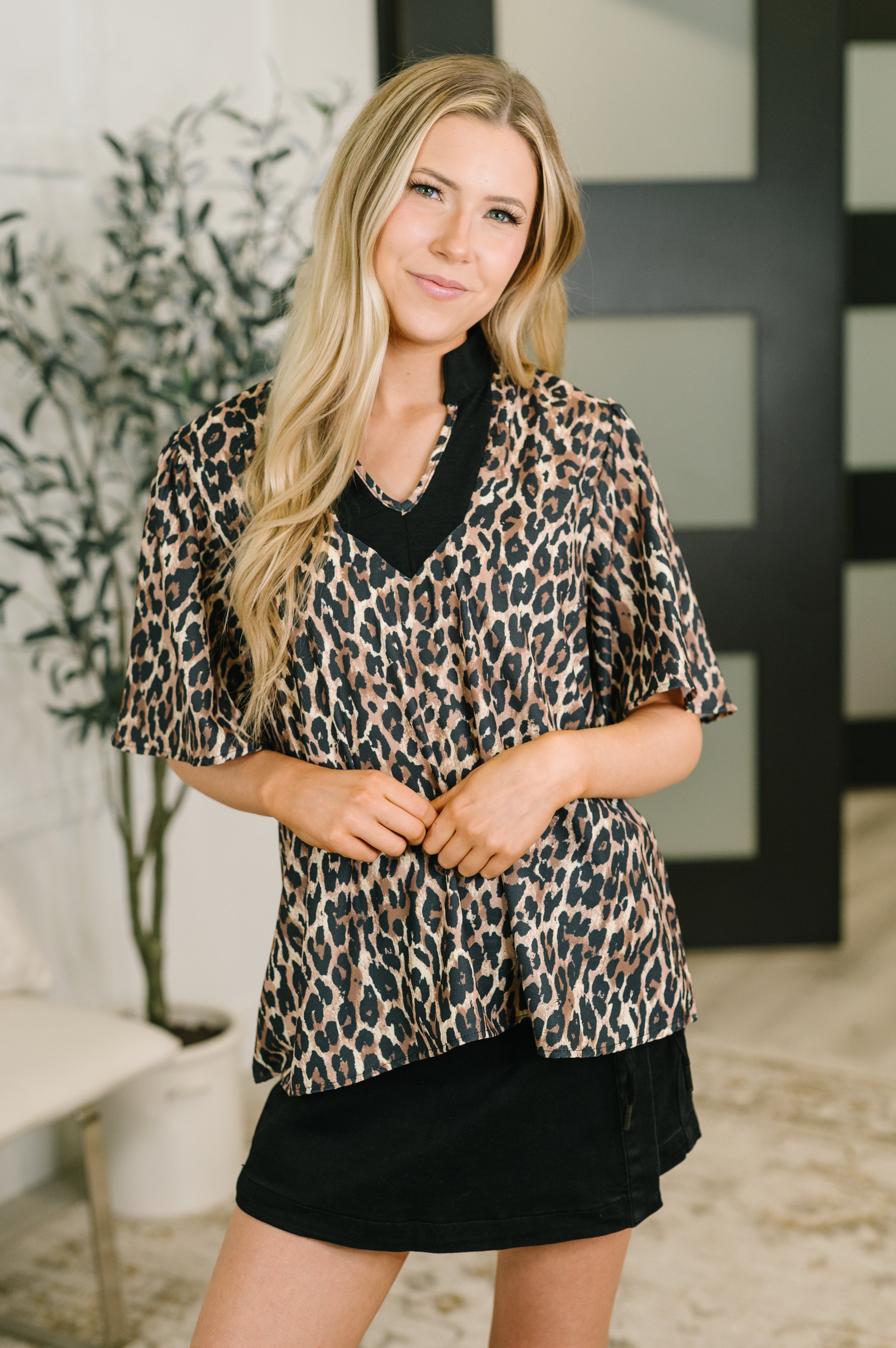 Sassy Season Split Neck Leopard Print Blouse - Charming Charlie