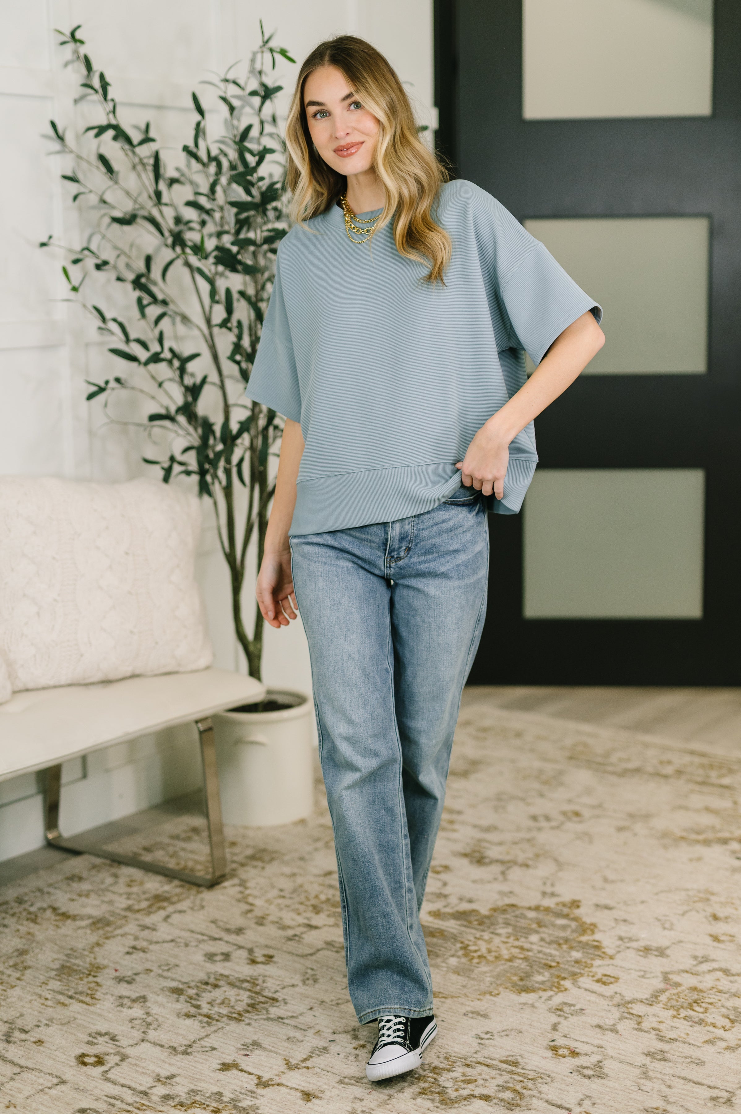 Sense of Clarity Boxy Top in Blue Grey - Charming Charlie