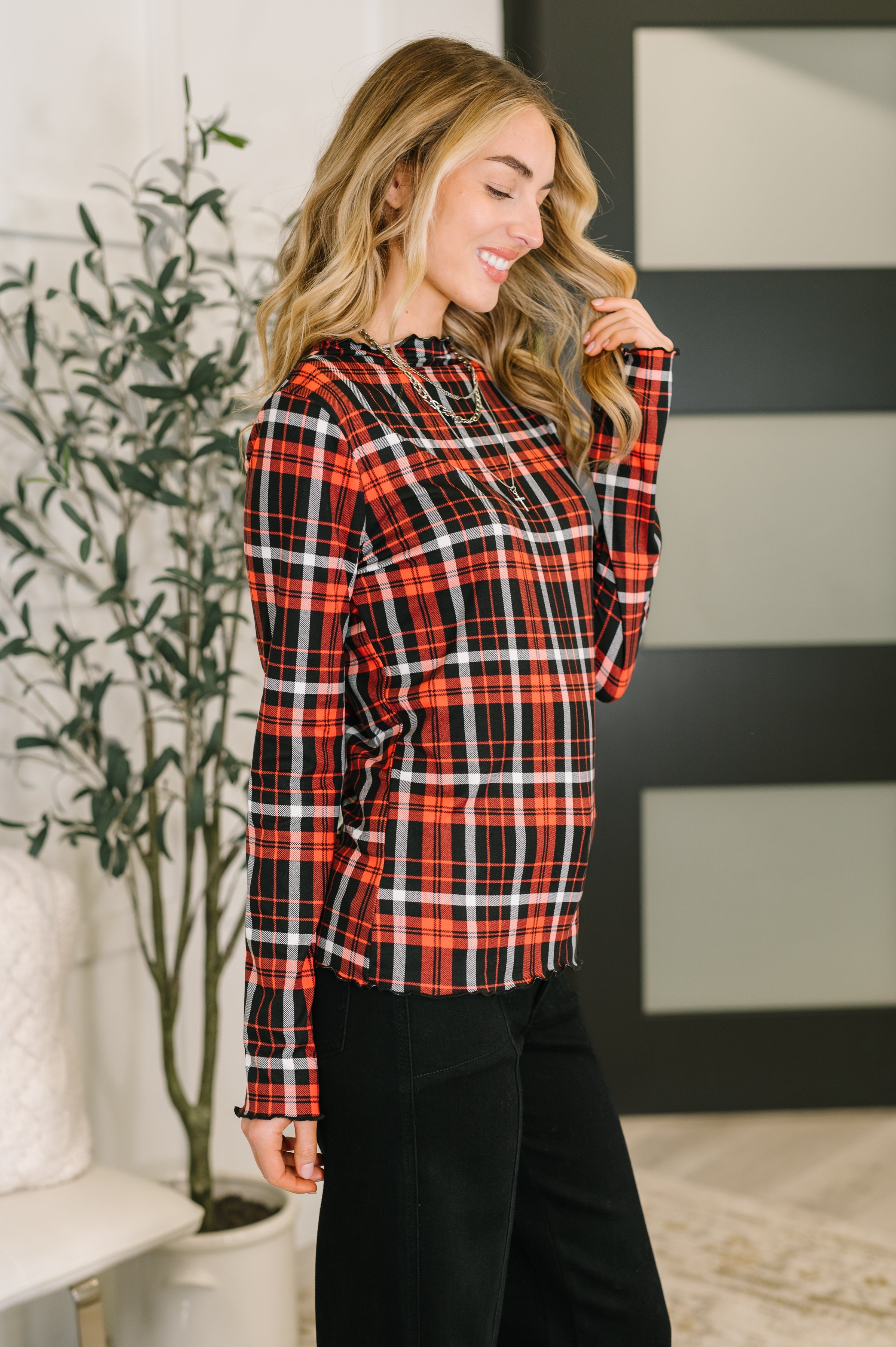 She's Always Changing Plaid Lettuce Hem Top - Charming Charlie