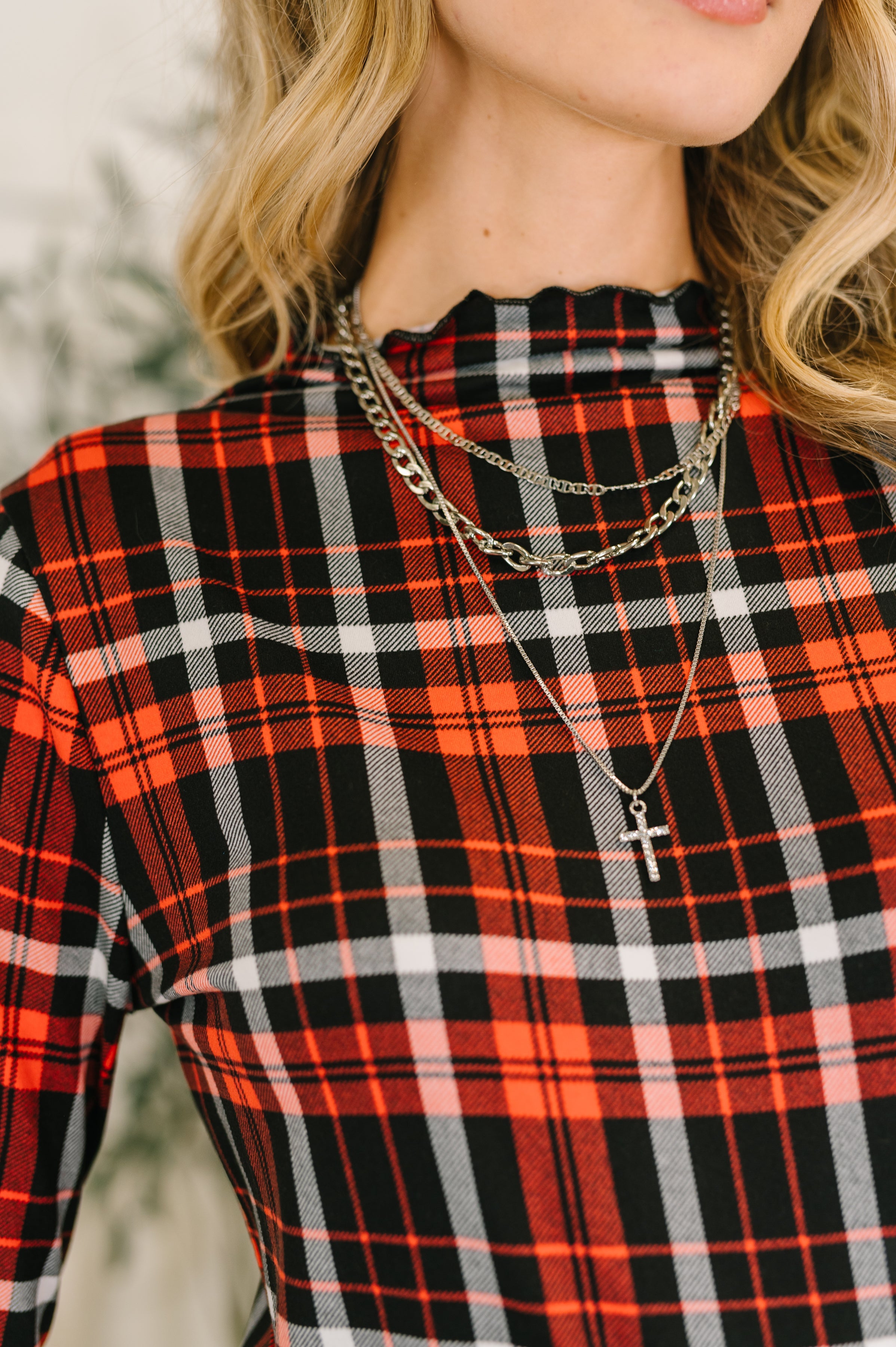 She's Always Changing Plaid Lettuce Hem Top - Charming Charlie