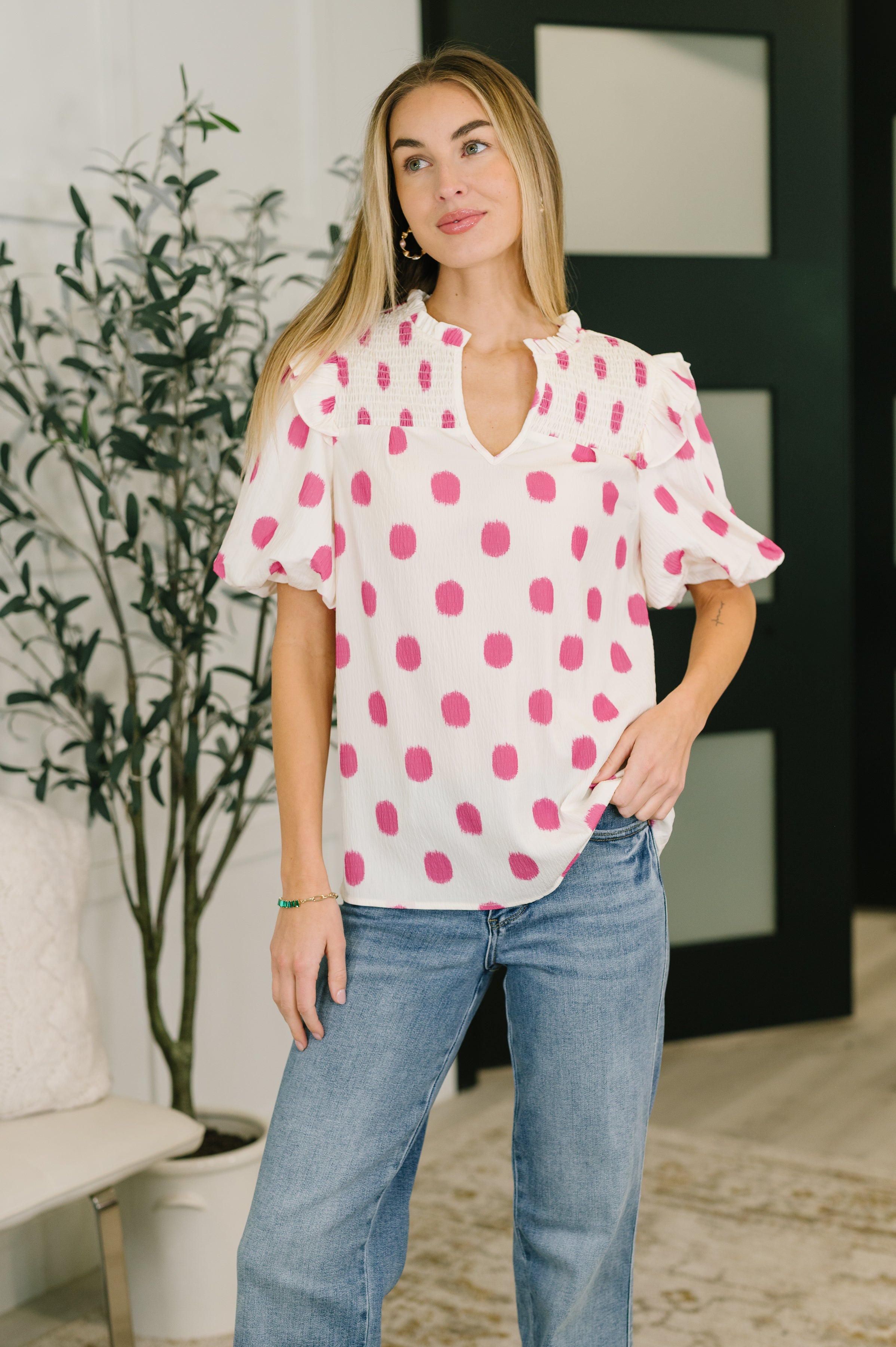 Shopping Spree Notched Neck Puff Sleeve Blouse - Charming Charlie