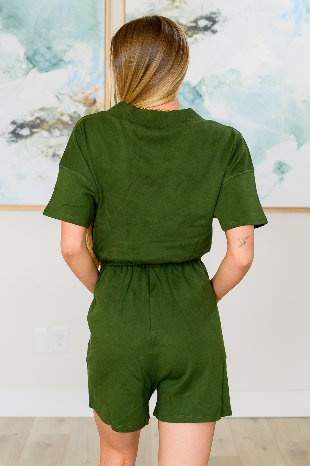 Short Sleeve V-Neck Romper in Army Green - Charming Charlie
