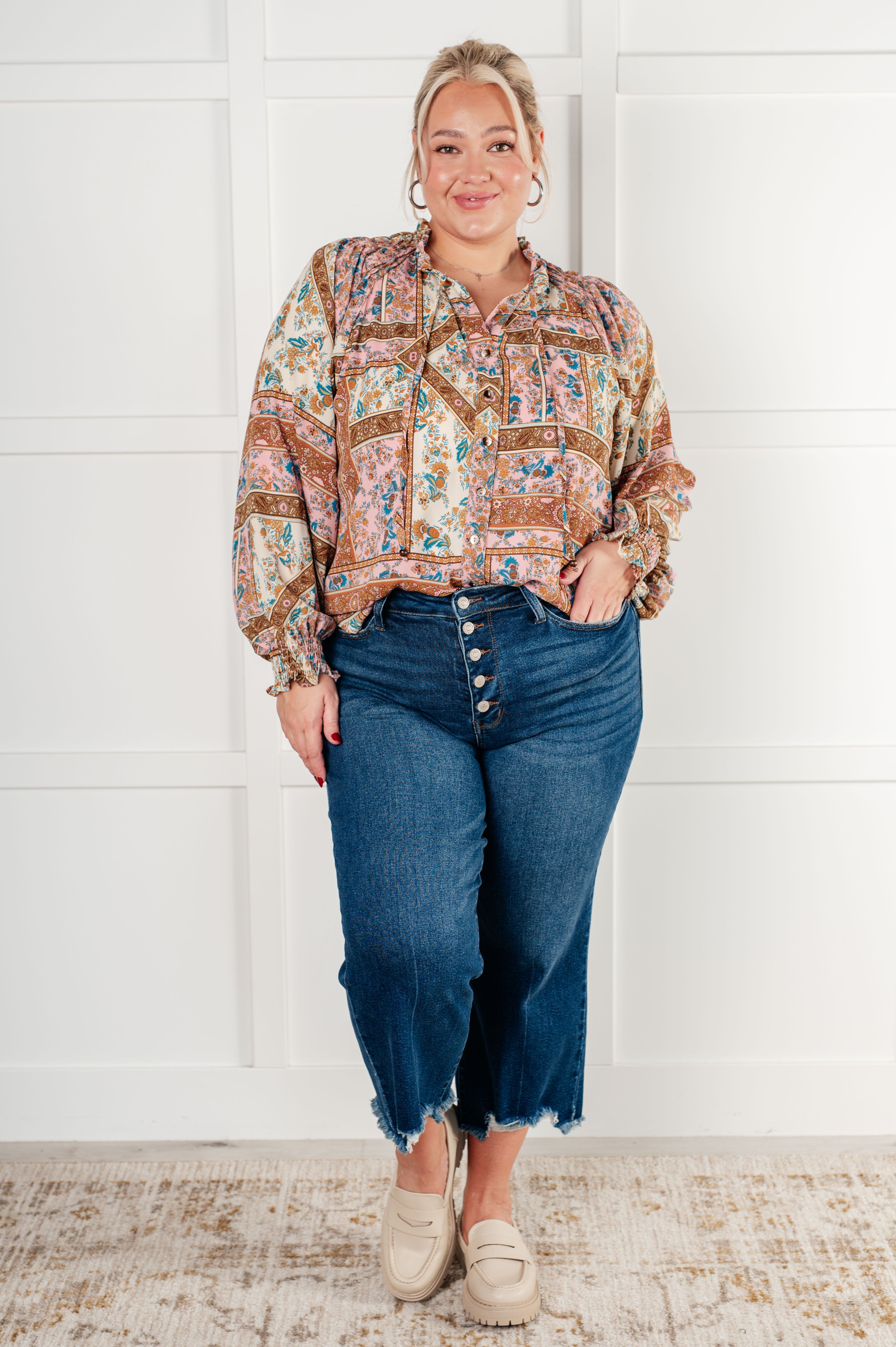 Show and Tell Mixed Print Peasant Blouse - Charming Charlie
