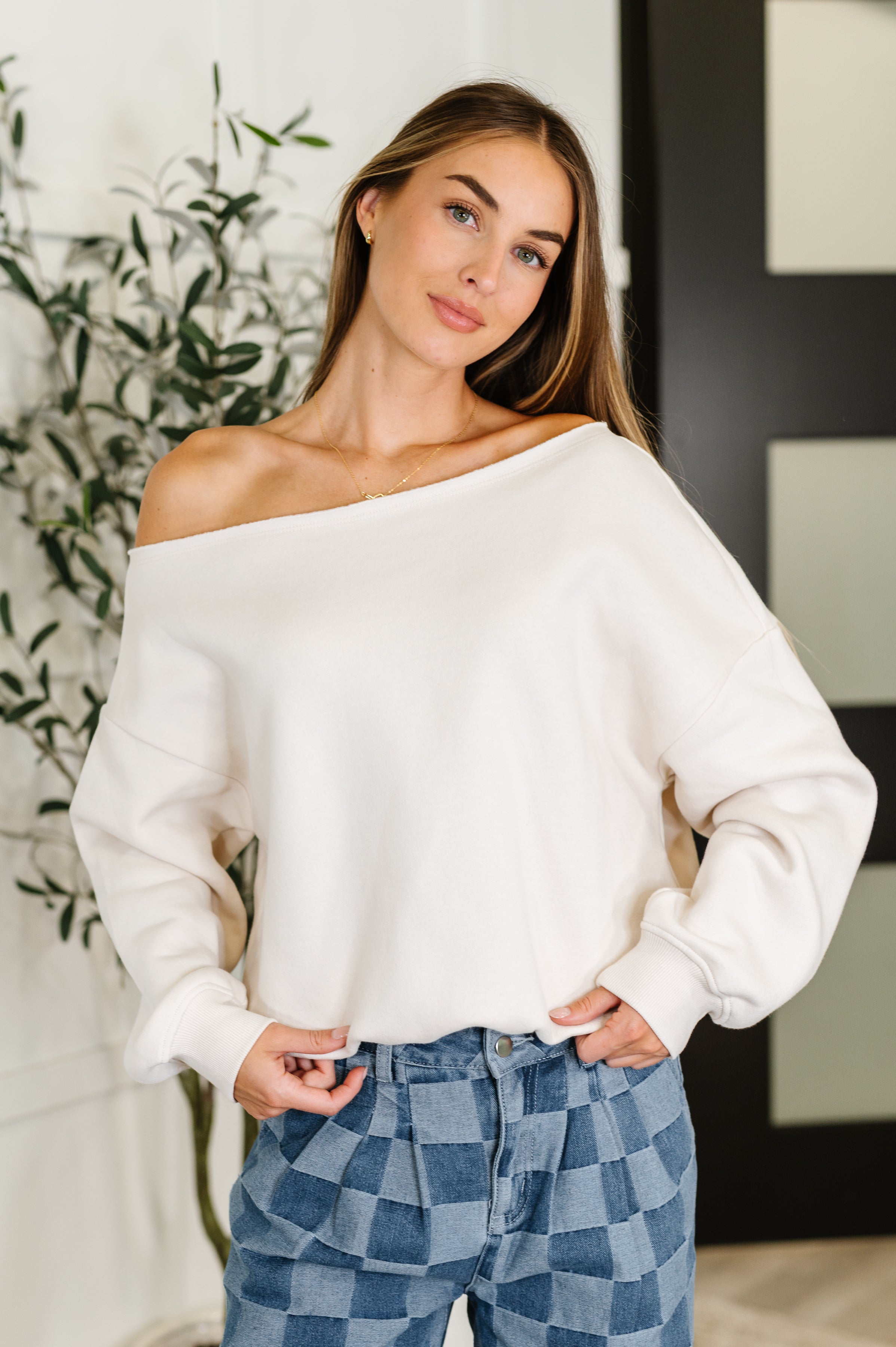 Side Hustle Off Shoulder Long Sleeve Top in Bone - Charming Charlie