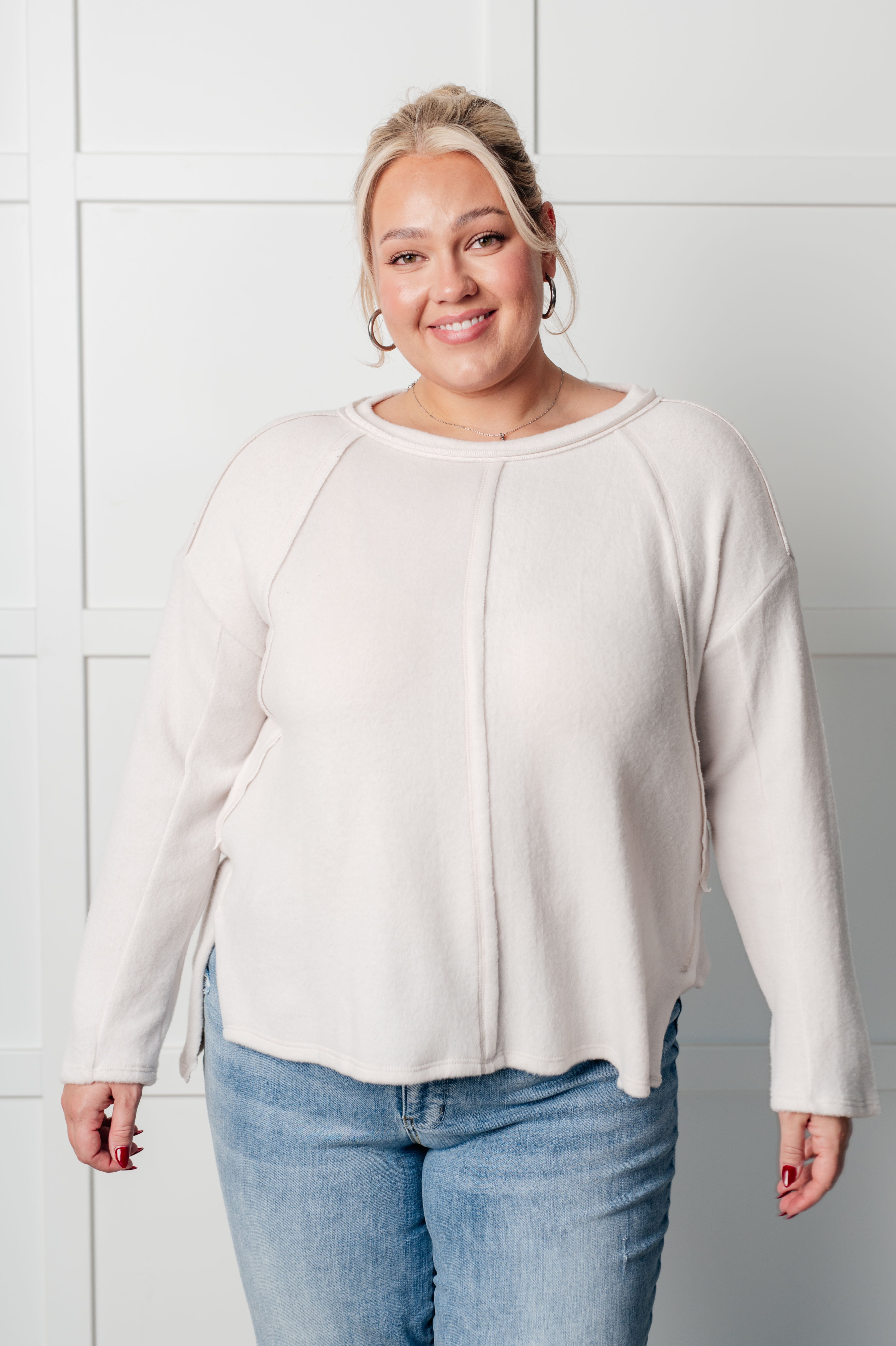 Simple Silhouette Brushed Hacci Sweater in Sand Beige - Charming Charlie