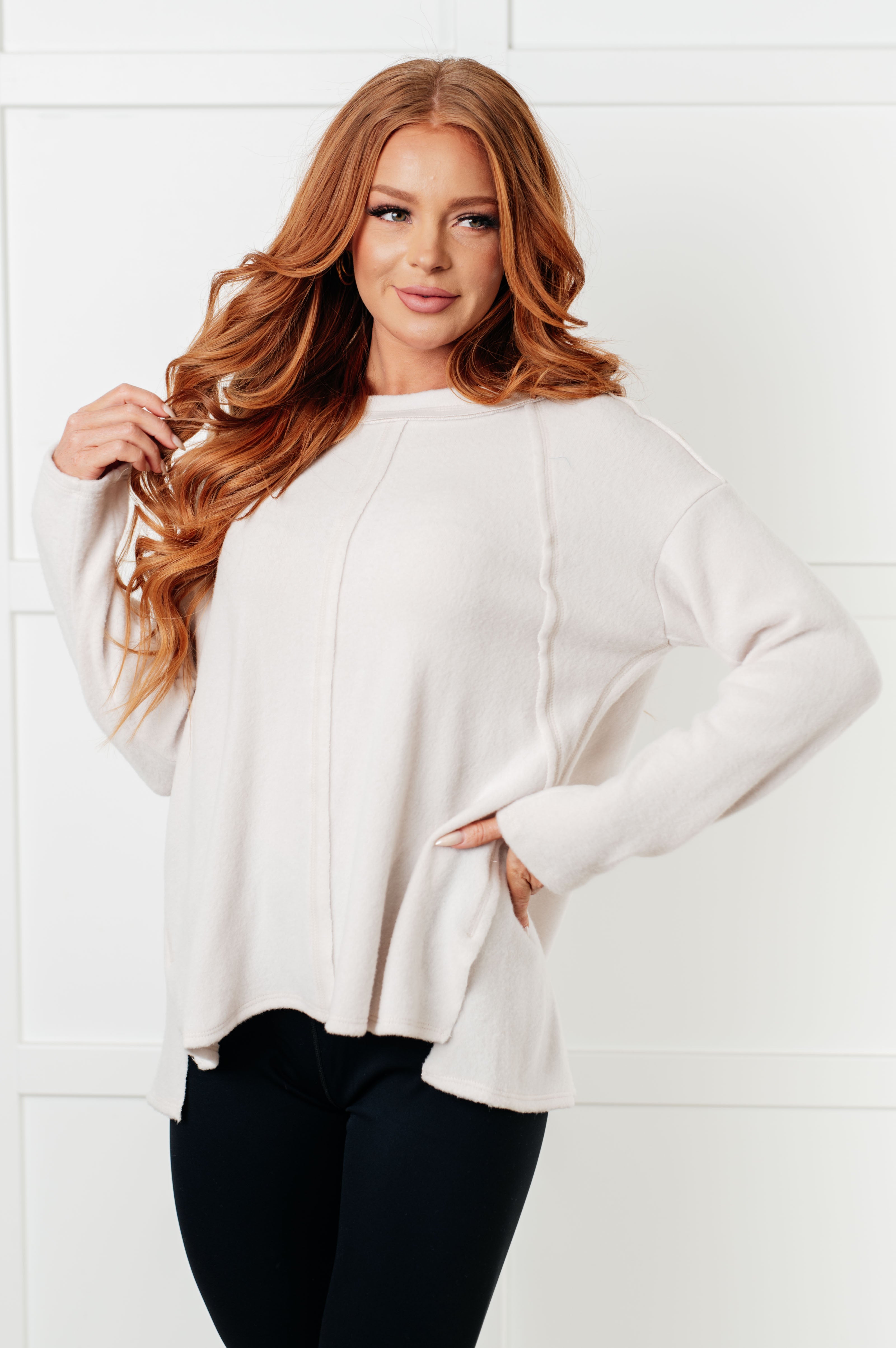 Simple Silhouette Brushed Hacci Sweater in Sand Beige - Charming Charlie