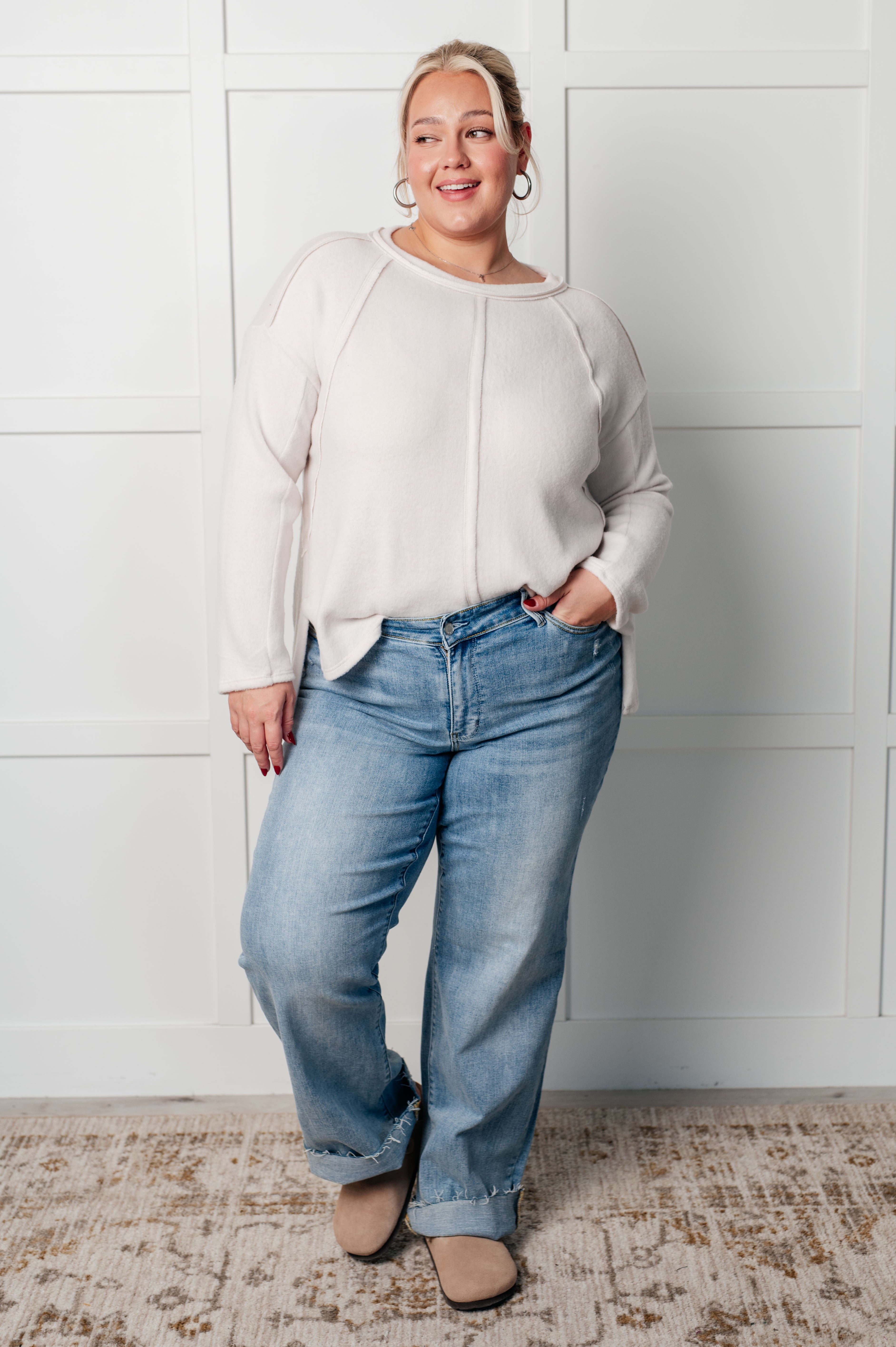 Simple Silhouette Brushed Hacci Sweater in Sand Beige - Charming Charlie