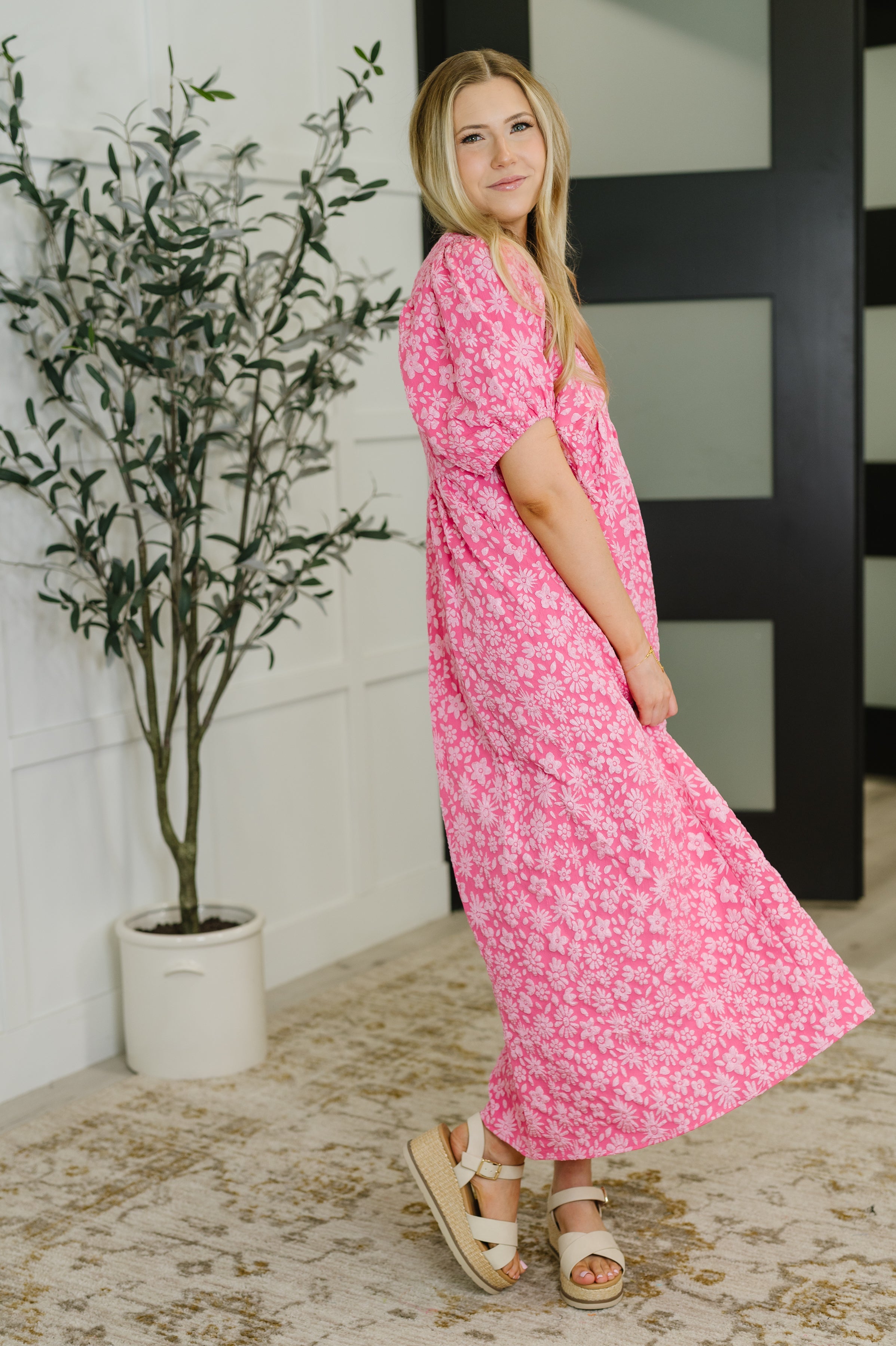 Softly Spoken Textured V-Neck Dress in Hot Pink - Charming Charlie