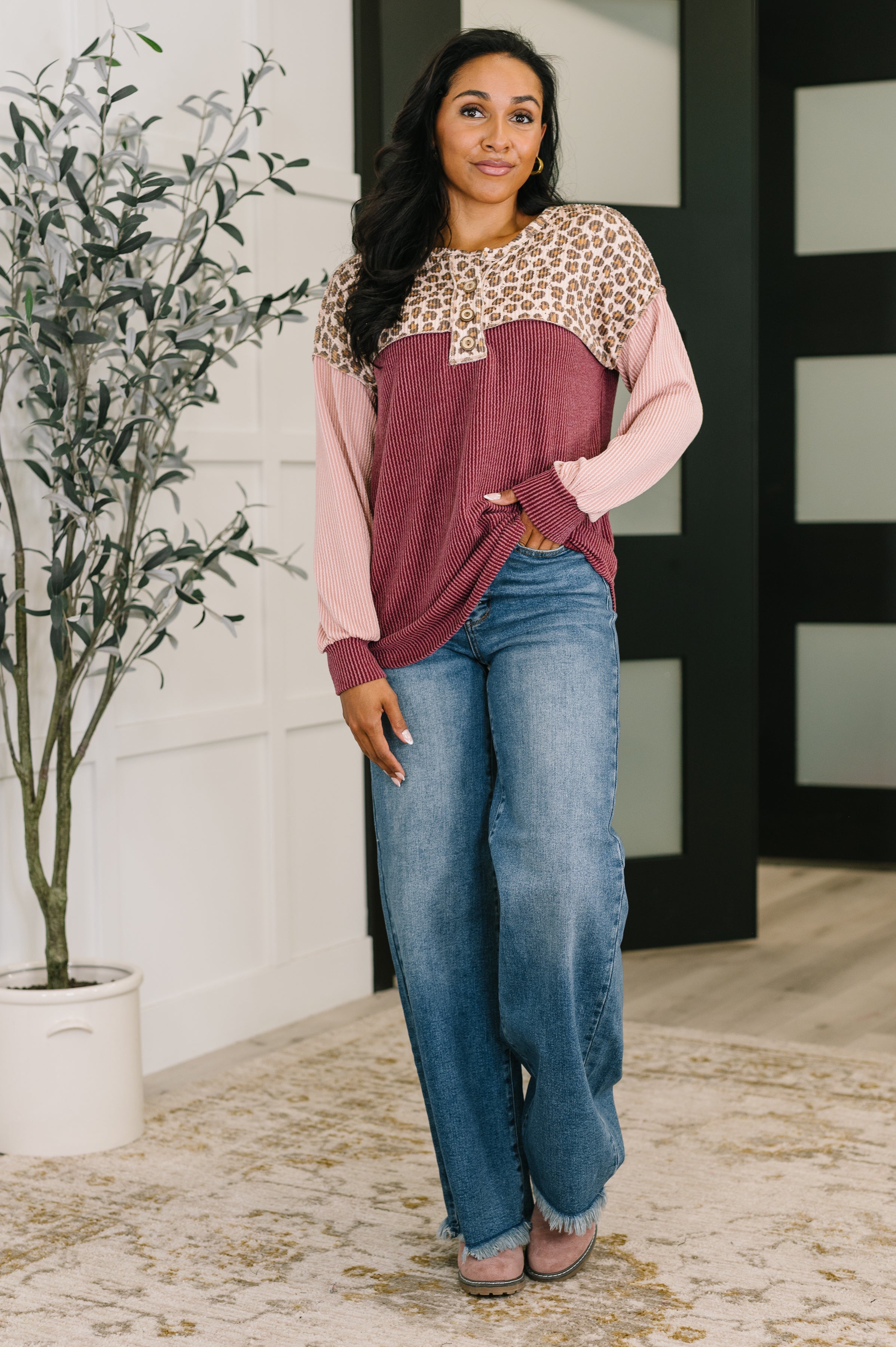 Spotted & Blocked Color Block Henley Top - Charming Charlie