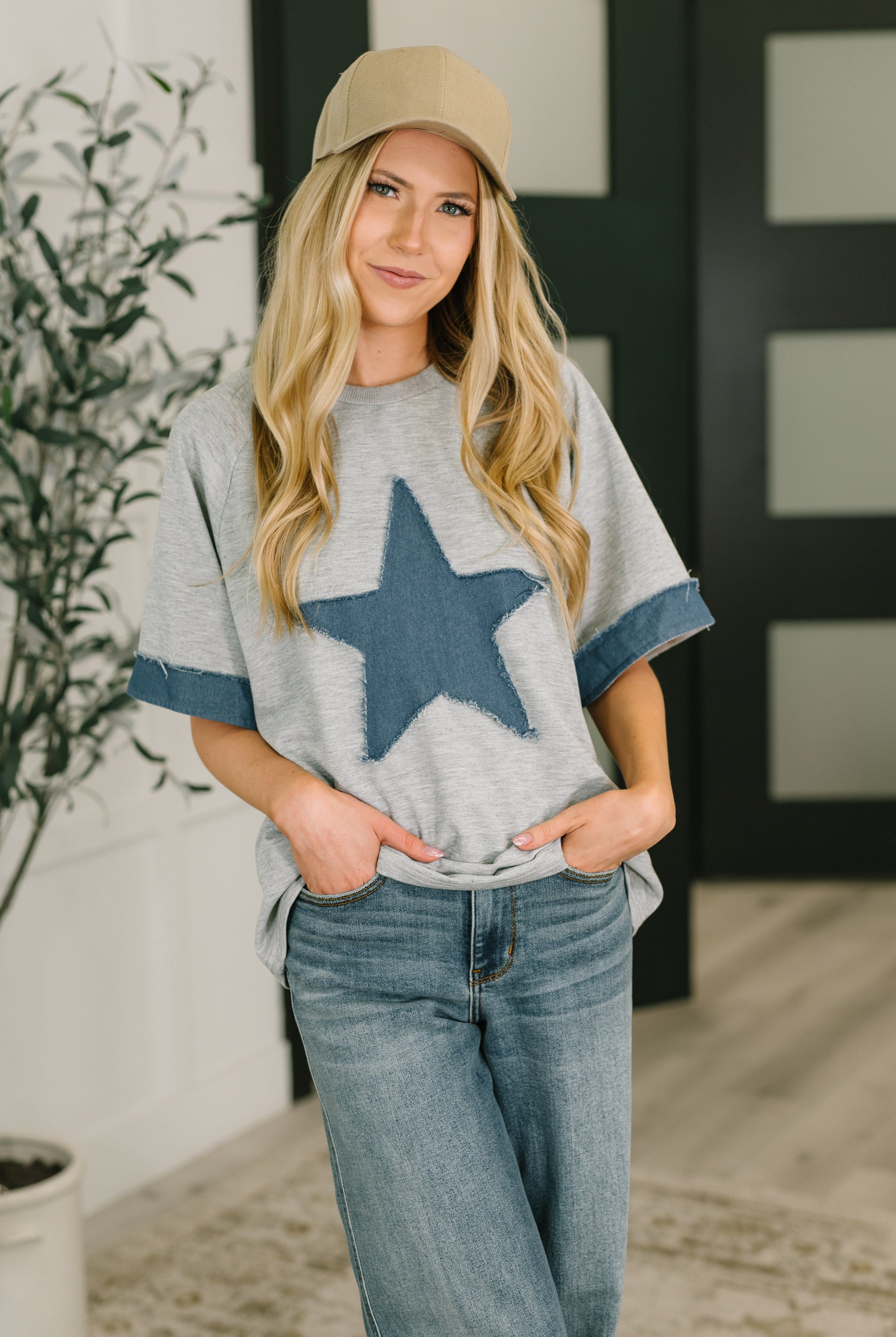 Star Stud Distressed Applique Top - Charming Charlie