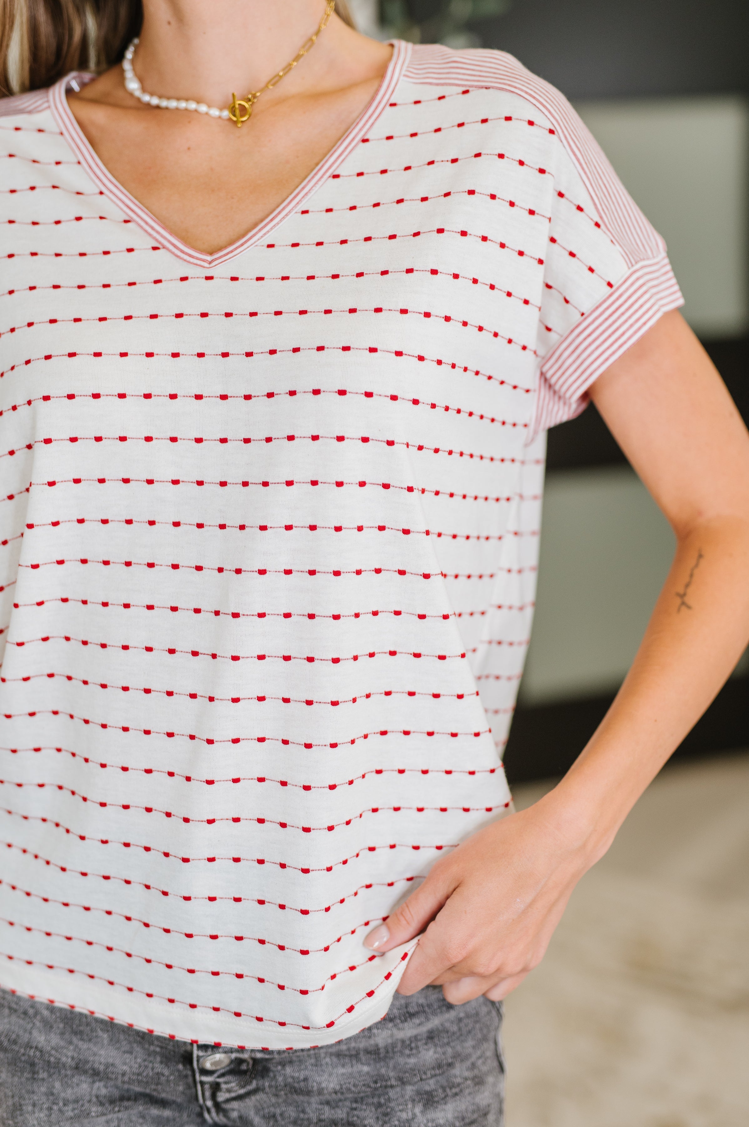 Stitched with Love V-Neck Top in Ivory and Red - Charming Charlie