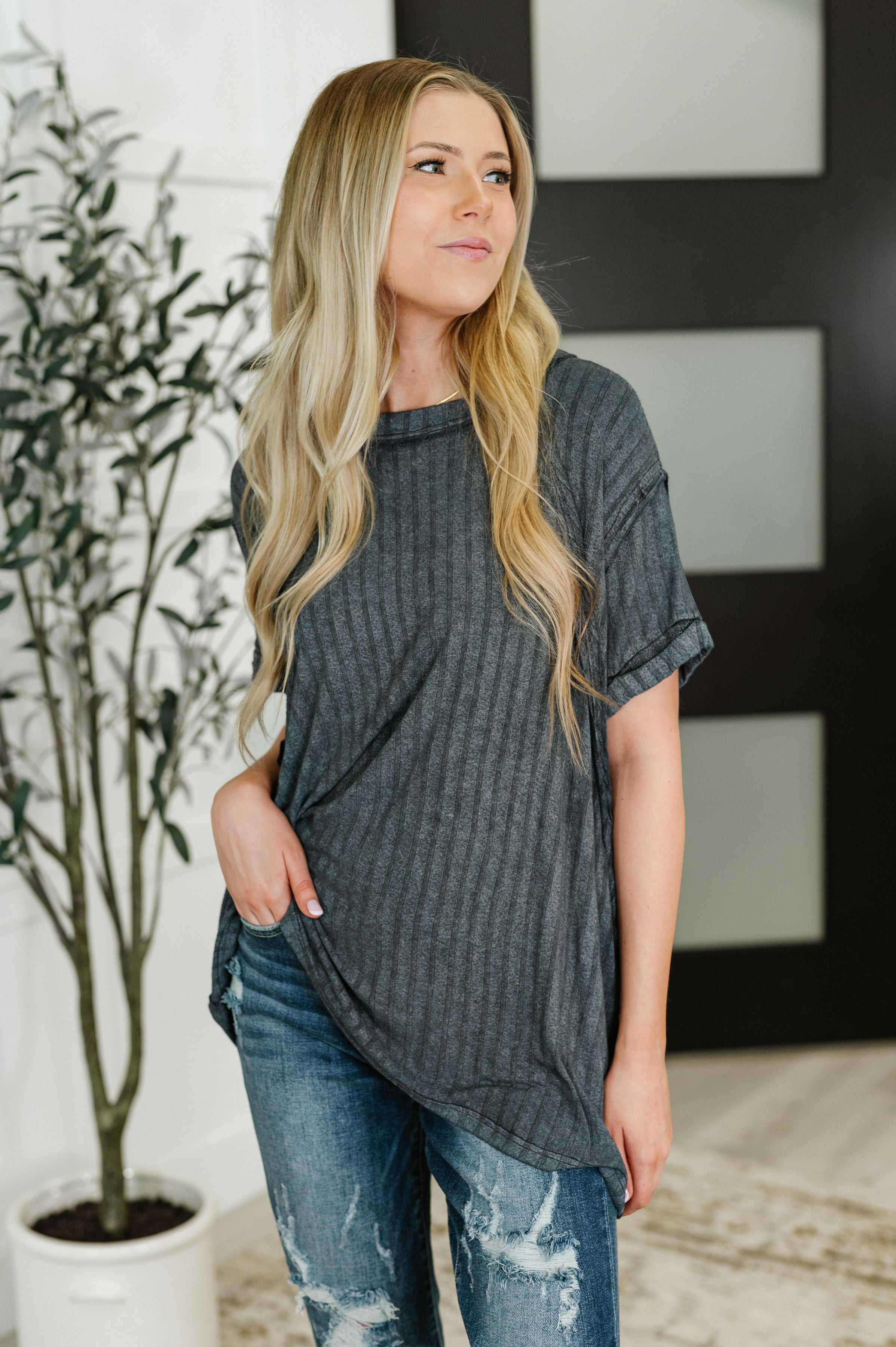 Sunday's Bestie Mineral Wash Top in Ash Black - Charming Charlie