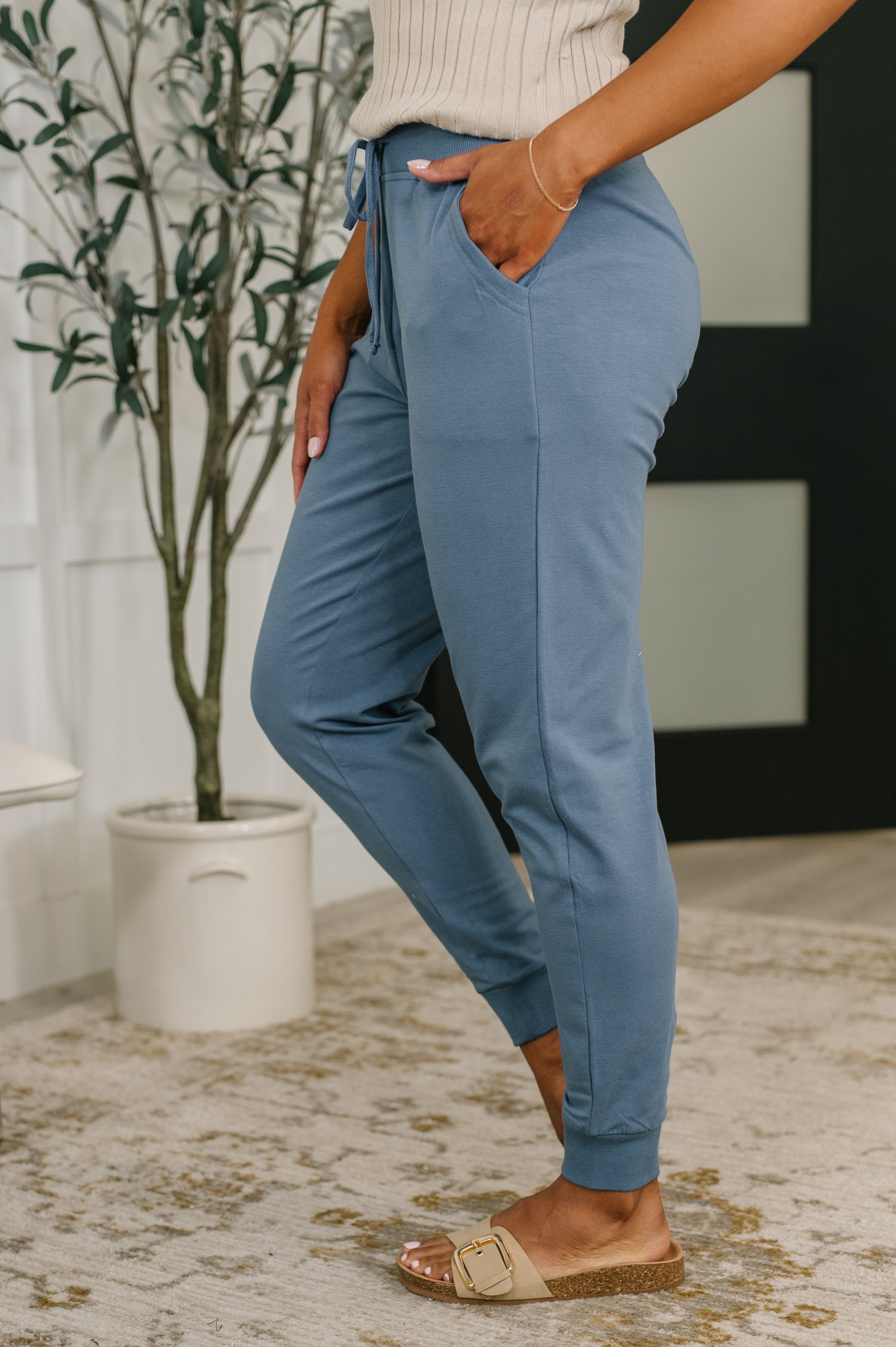 Sweat It High Waisted Joggers in Dusty Blue - Charming Charlie