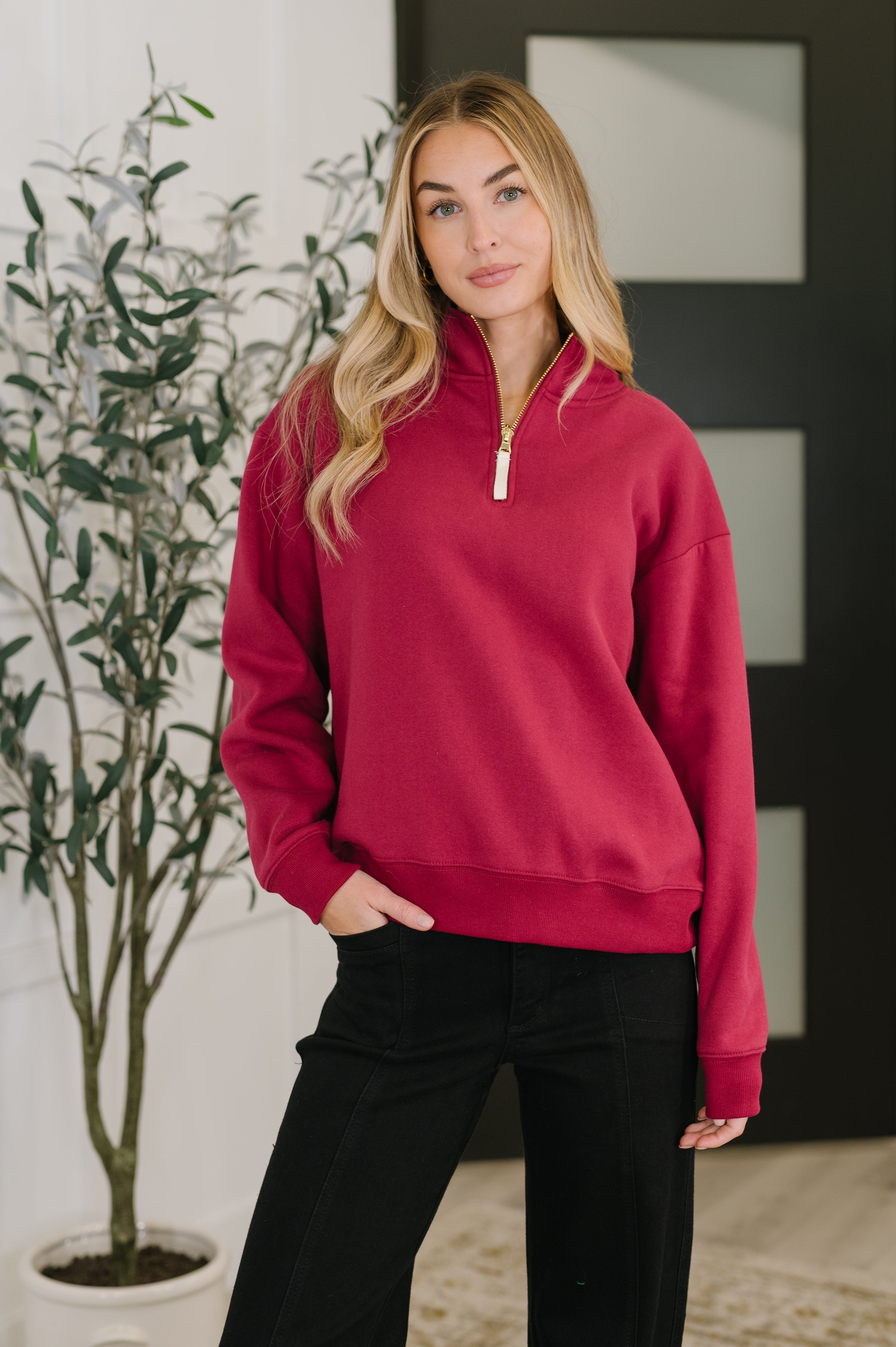 Sweater Weather Half Zip High Neck Pullover in Cabernet - Charming Charlie