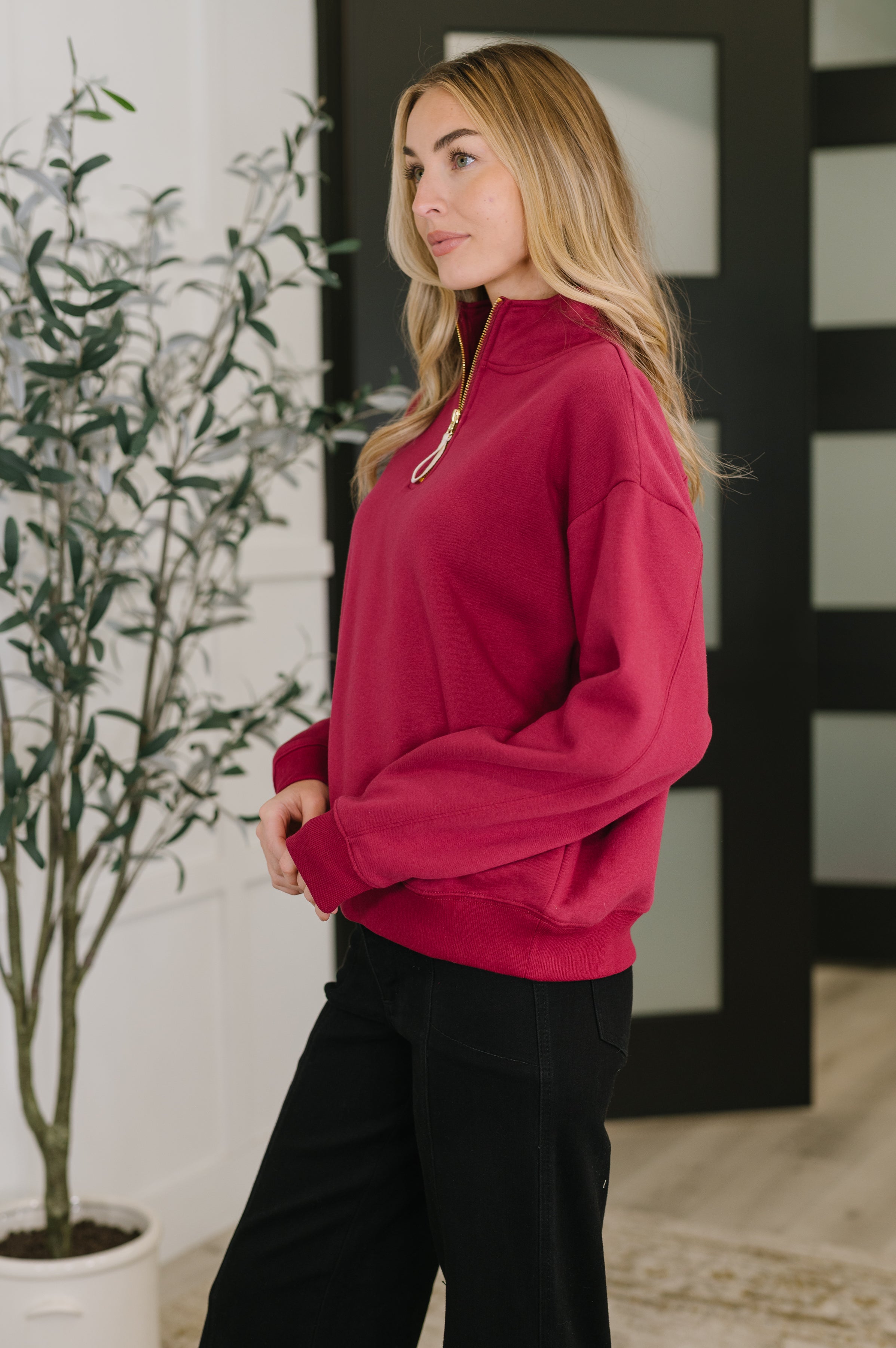 Sweater Weather Half Zip High Neck Pullover in Cabernet - Charming Charlie