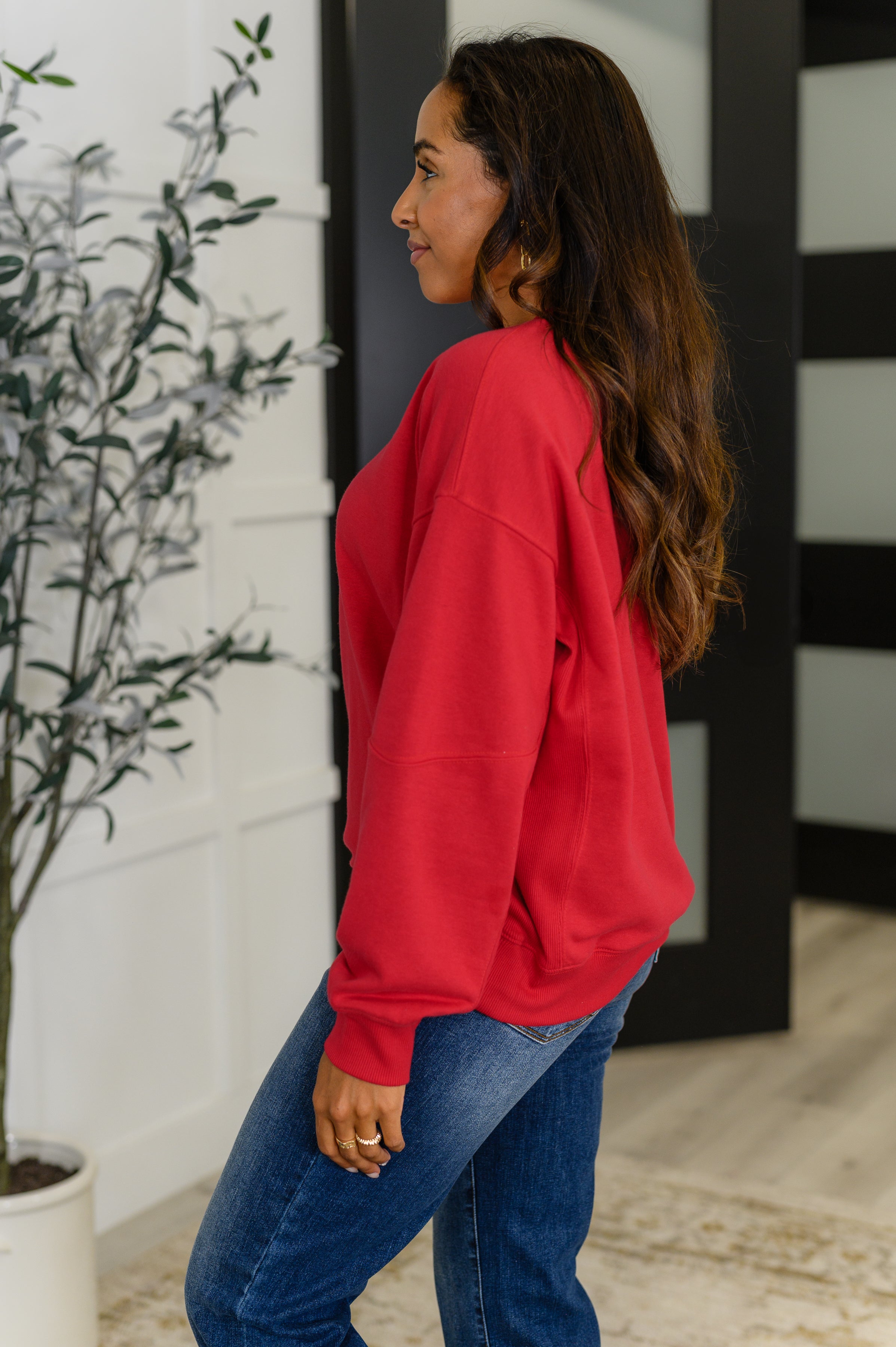 Sweet with a Side Eye Drop Shoulder Pullover in True Red - Charming Charlie