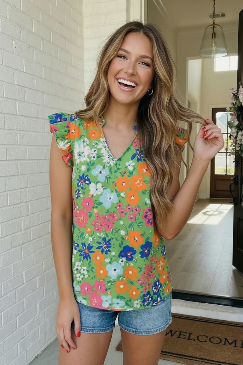 Garden Party Floral Ruffle Sleeve Blouse - Charming Charlie