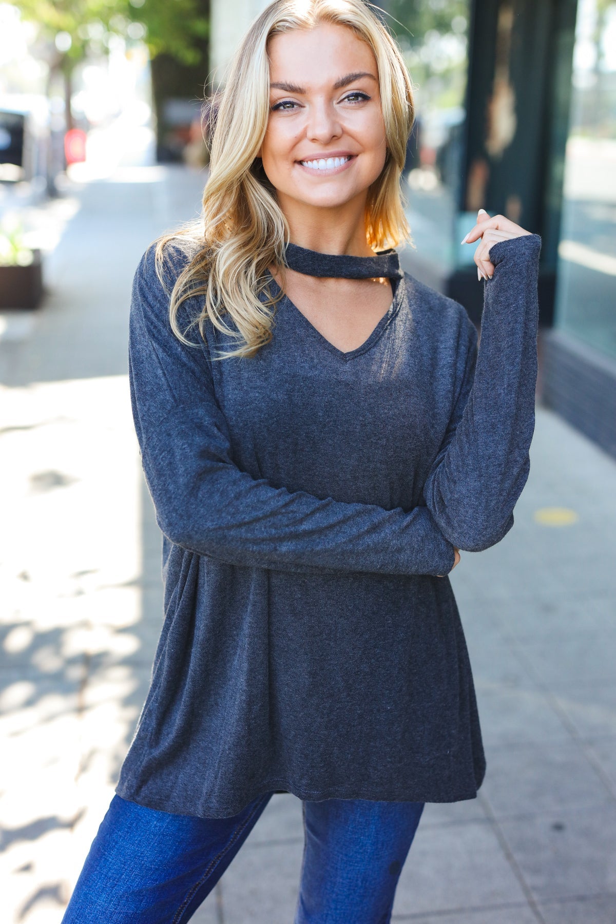 Casual Chic Solid Grey Choker Long Sleeve Hacci Pullover - Charming Charlie
