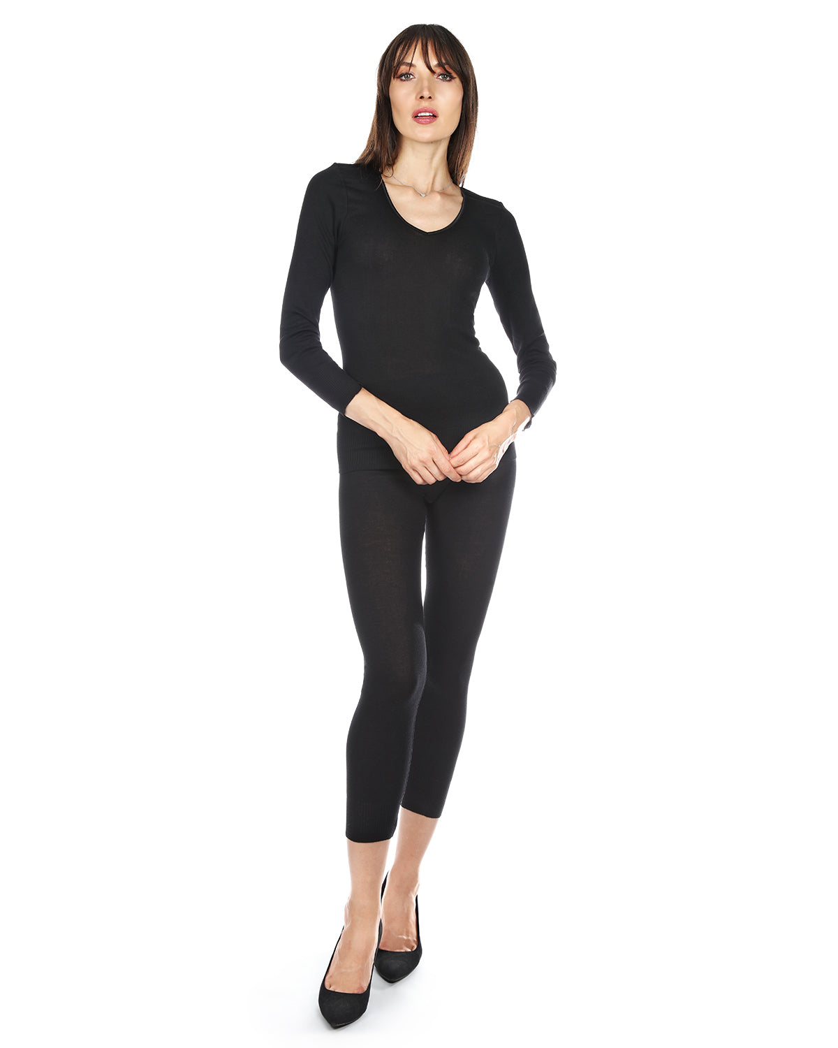 Poly Viscose Flat Knit Long Sleeve V Neck Top - Charming Charlie