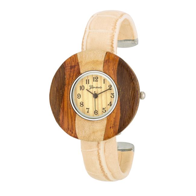 Brenna Beige Wood Inspired Leather Cuff Watch - Charming Charlie