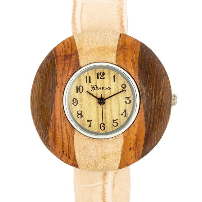 Brenna Beige Wood Inspired Leather Cuff Watch - Charming Charlie