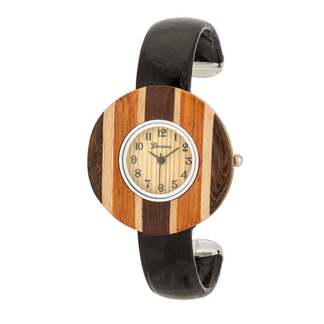 Brenna Black Wood Inspired Leather Cuff Watch - Charming Charlie