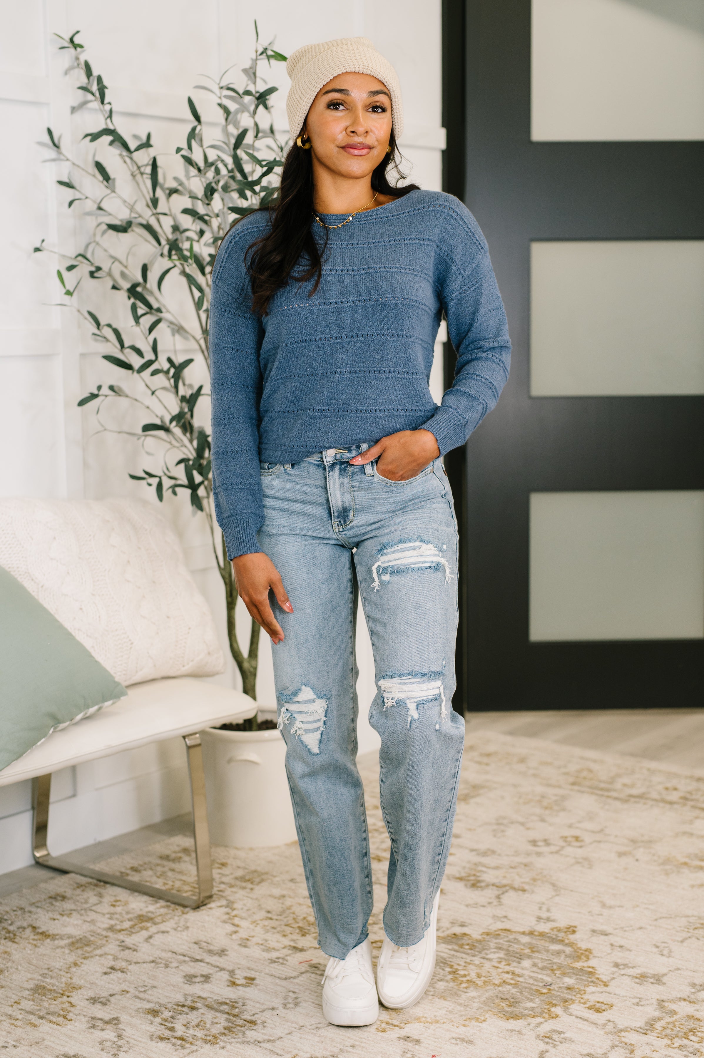 Take My Time Boatneck Textured Long Sleeve - Charming Charlie