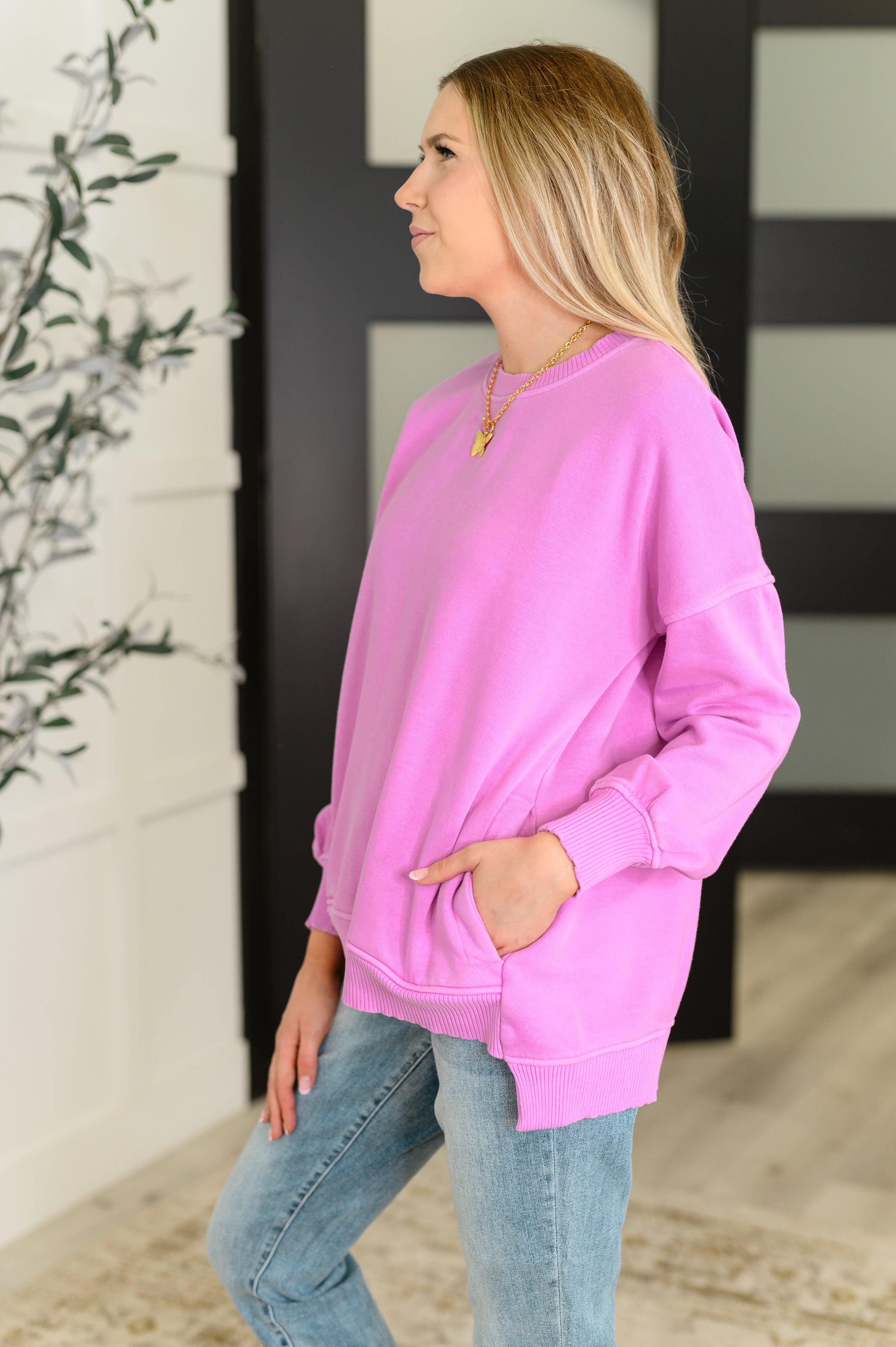 Talk Cozy to Me Stepped Hem Pullover in Bright Mauve - Charming Charlie