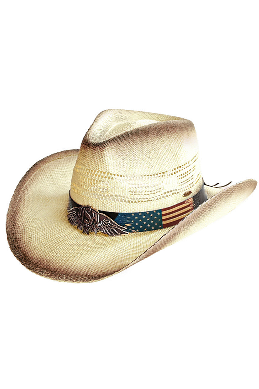 Taupe C.C American Flag Band Tea-Stain Cowboy Hat is the perfect accessory for any patriotic occasion. The tea stain finish adds a vintage touch, while the American flag band adds a trendy and stylish detail. Made with high-quality materials, this cowboy hat offers both comfort and durability. Show your American pride with this must-have hat.