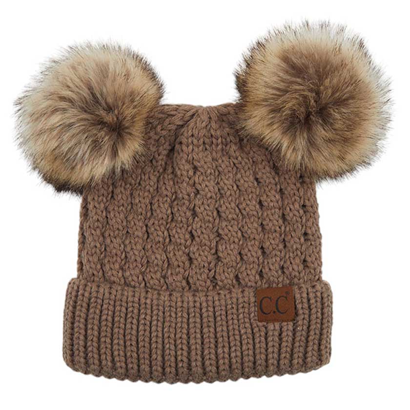 Taupe C.C Double Pom Pom All Over Cable Knit Beanie Hat., Stay warm and cozy this winter. Expertly crafted from a premium cable knit fabric, this stylish beanie provides maximum insulation and breathability. Two pom poms on top add a touch of flair to your look. Perfect for chilly winter days, this is an ideal winter gift.