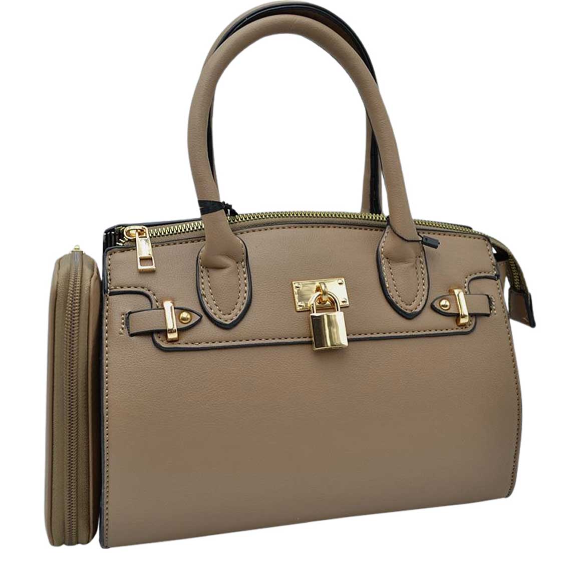 Taupe Elegant 2 In 1 Women's Medium Top Handle Satchel Totes Handbag with Wallet, 2 in 1 satchel handbag with matching wallet, is perfect to accompany you to work or go shopping. With this top handle, you can wear the bag elegantly on the shoulder. The large main compartment gives a lot of storage space, so you can place all purchases but also valuables and documents in it. The fashionable pattern of the shoulder bag also go well with chic business looks as well as casual everyday styling.