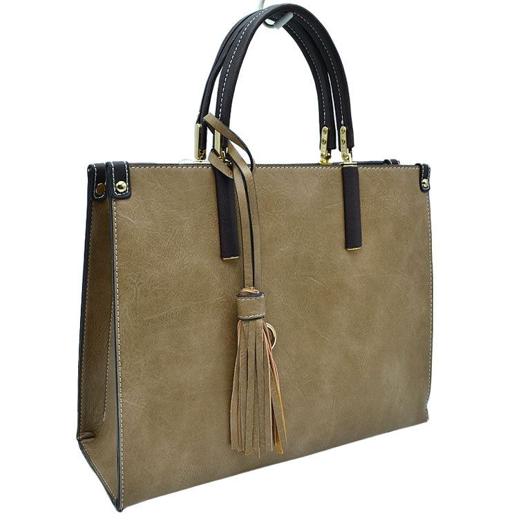 Taupe Large Shoulder Vegan Leather Tassel Handbag For Women. High quality Vegan Leather is a luxurious and durable, Stay organized in style with this square-shaped shopper tote bag that is fully two contrasting interior and exterior solid colors. This vegan leather handbag includes an on-trend removable tassel embellishment. Guaranteed, This will be your go-to handbag.