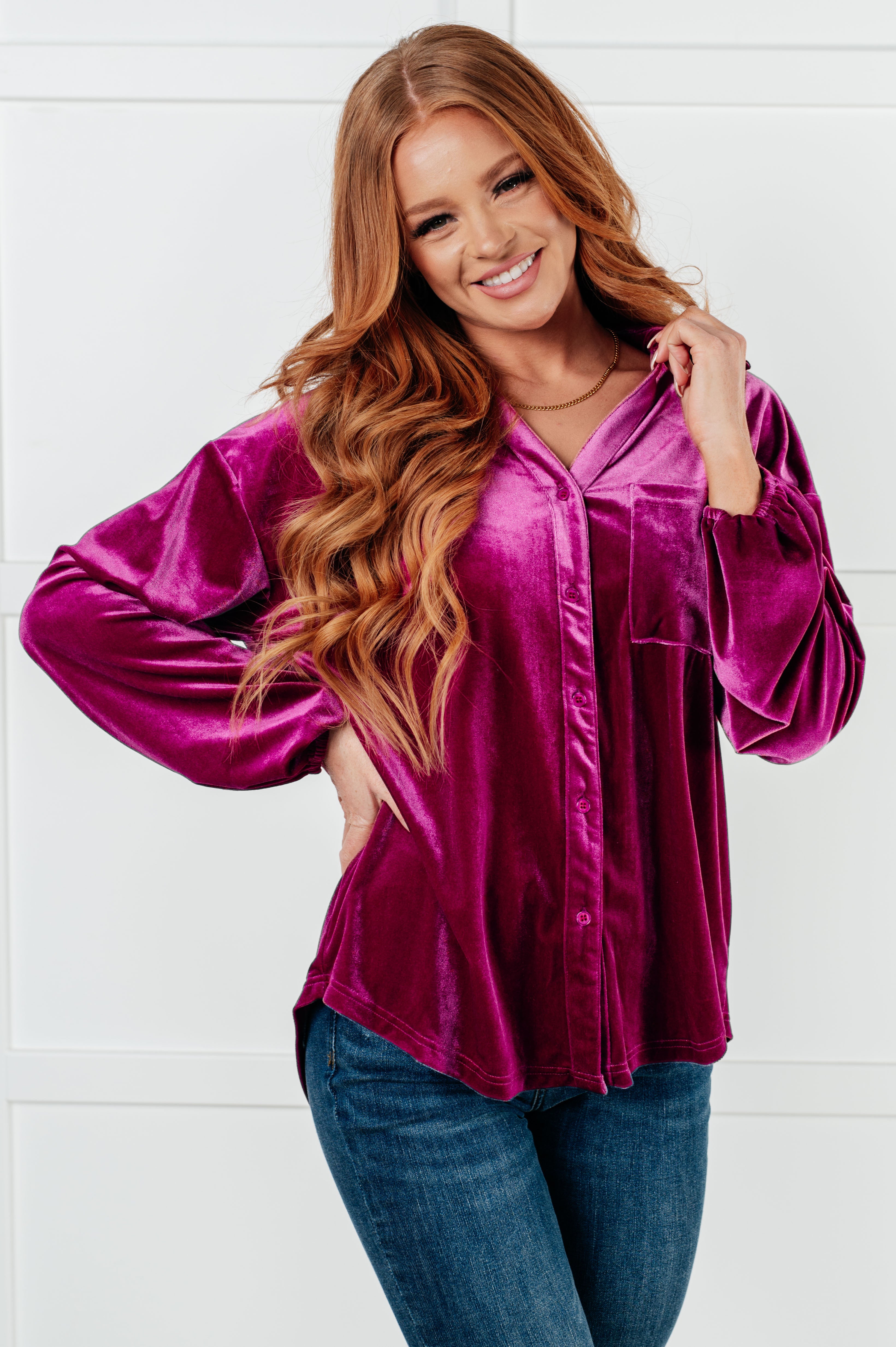 The Best Policy Velvet Balloon Sleeve Top - Charming Charlie