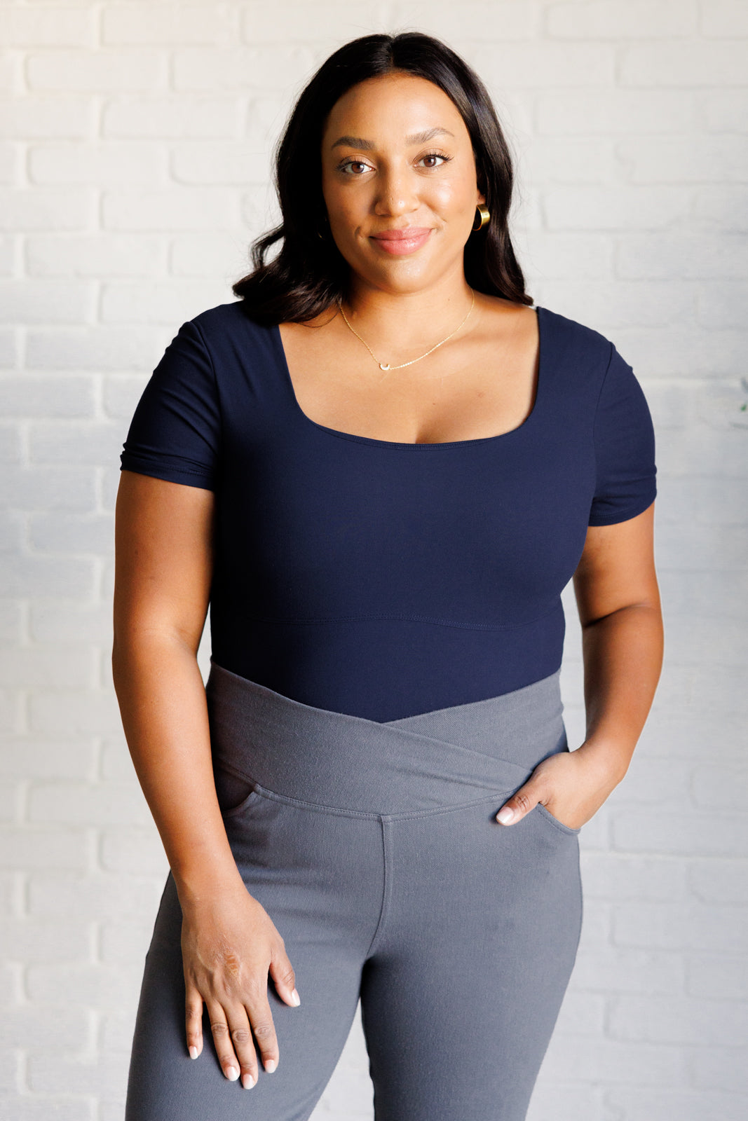 They're Not Like Us Square Neck Bodysuit in Navy - Charming Charlie