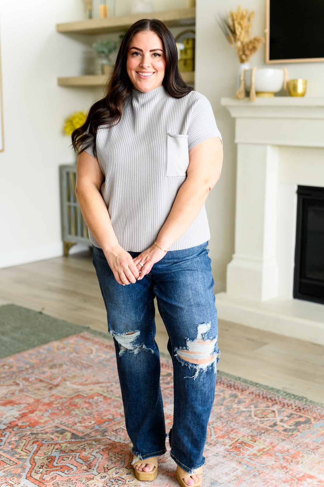 This Little Life Mock Neck Short Sleeve Sweater in Grey - Charming Charlie