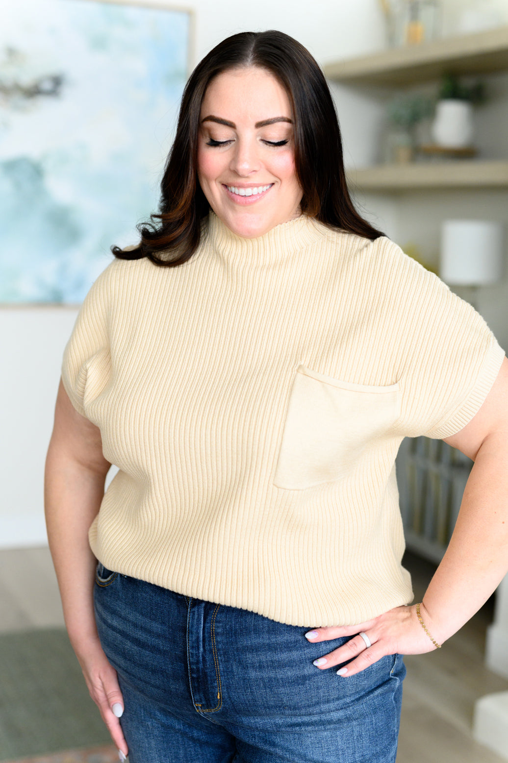 This Little Life Mock Neck Short Sleeve Sweater in Oatmeal - Charming Charlie