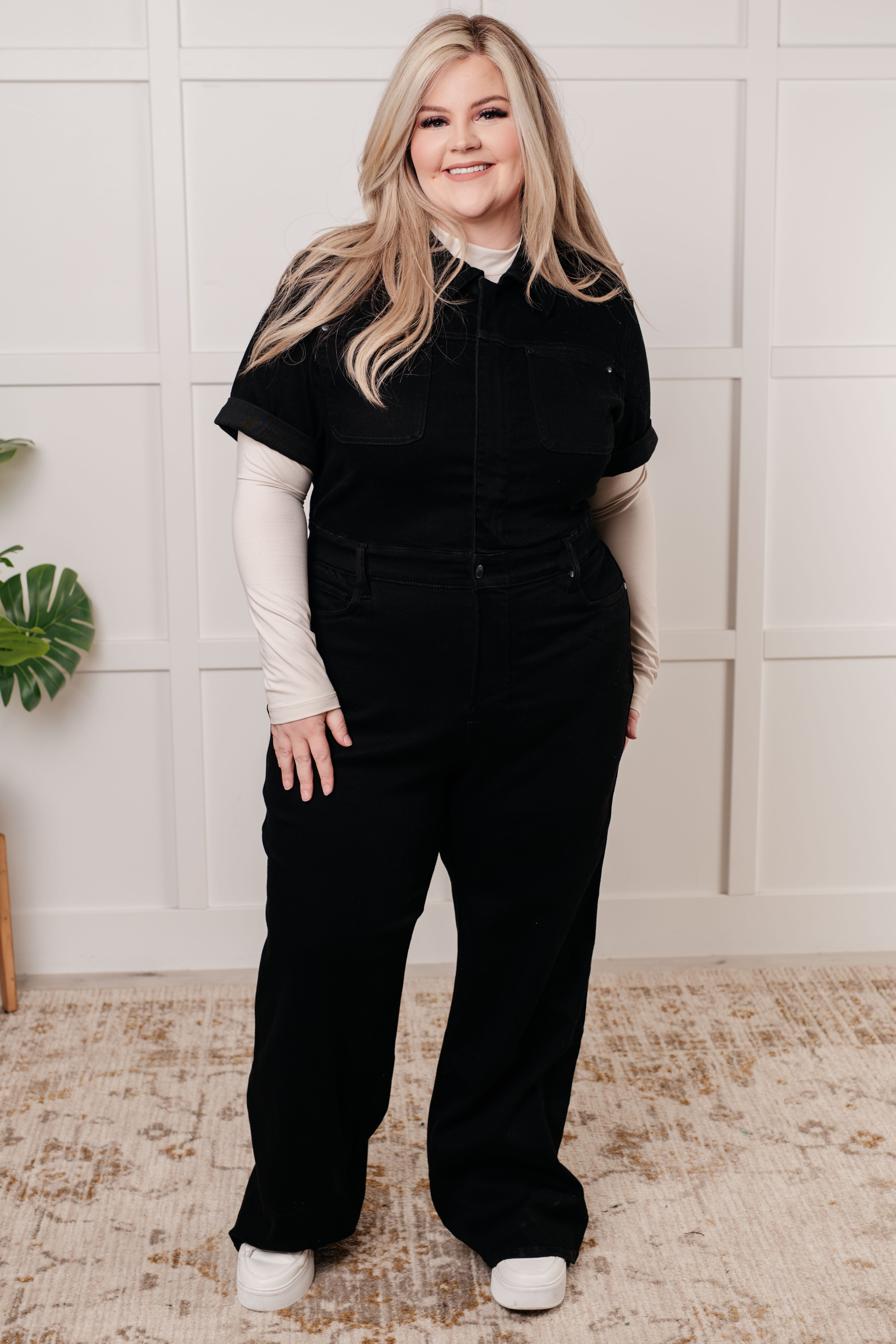 Tilda Short Sleeve Control Top Denim Jumpsuit - Charming Charlie