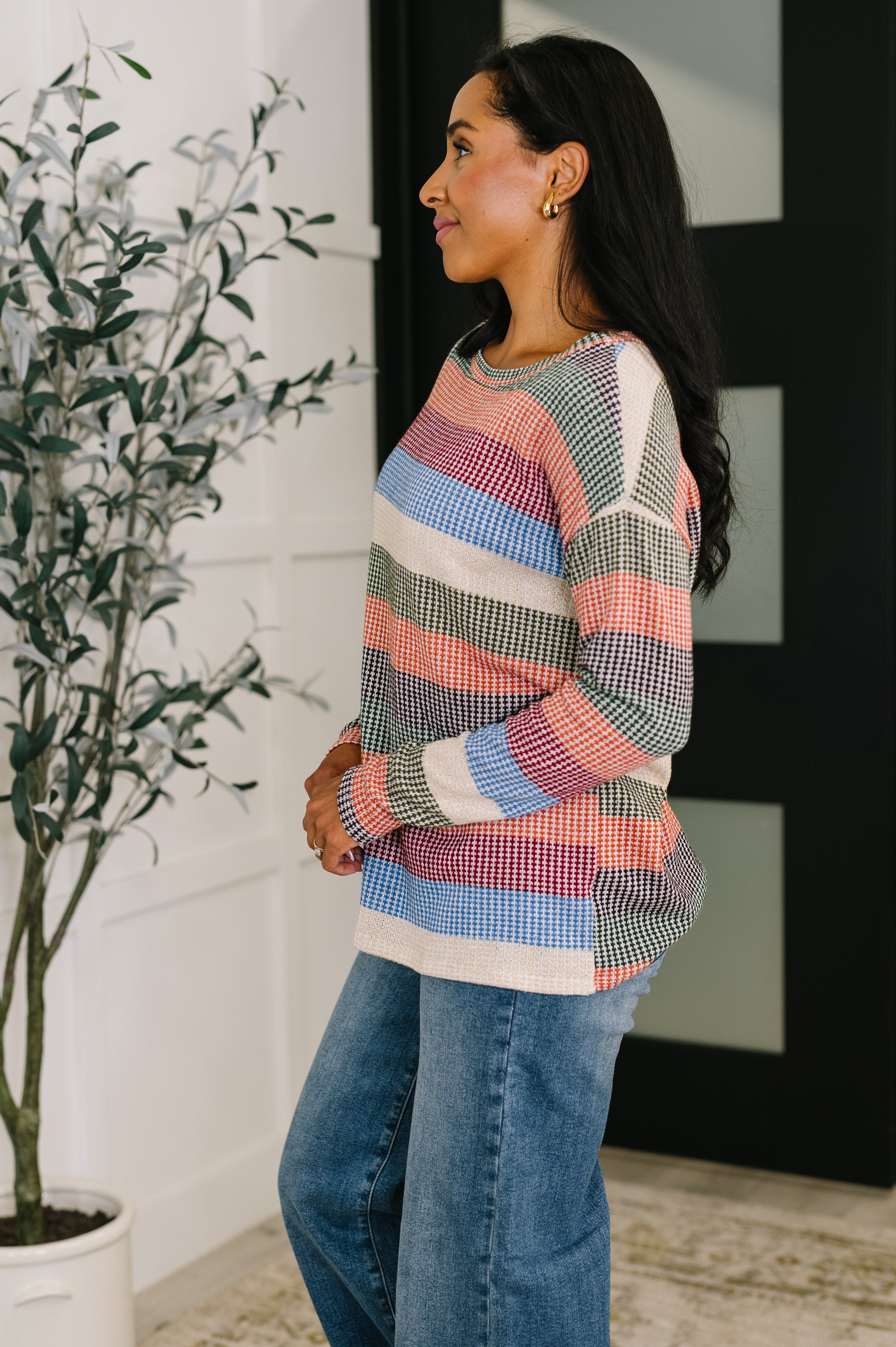 To Be Determined Drop Shoulder Top in Rust, Olive and Blue - Charming Charlie