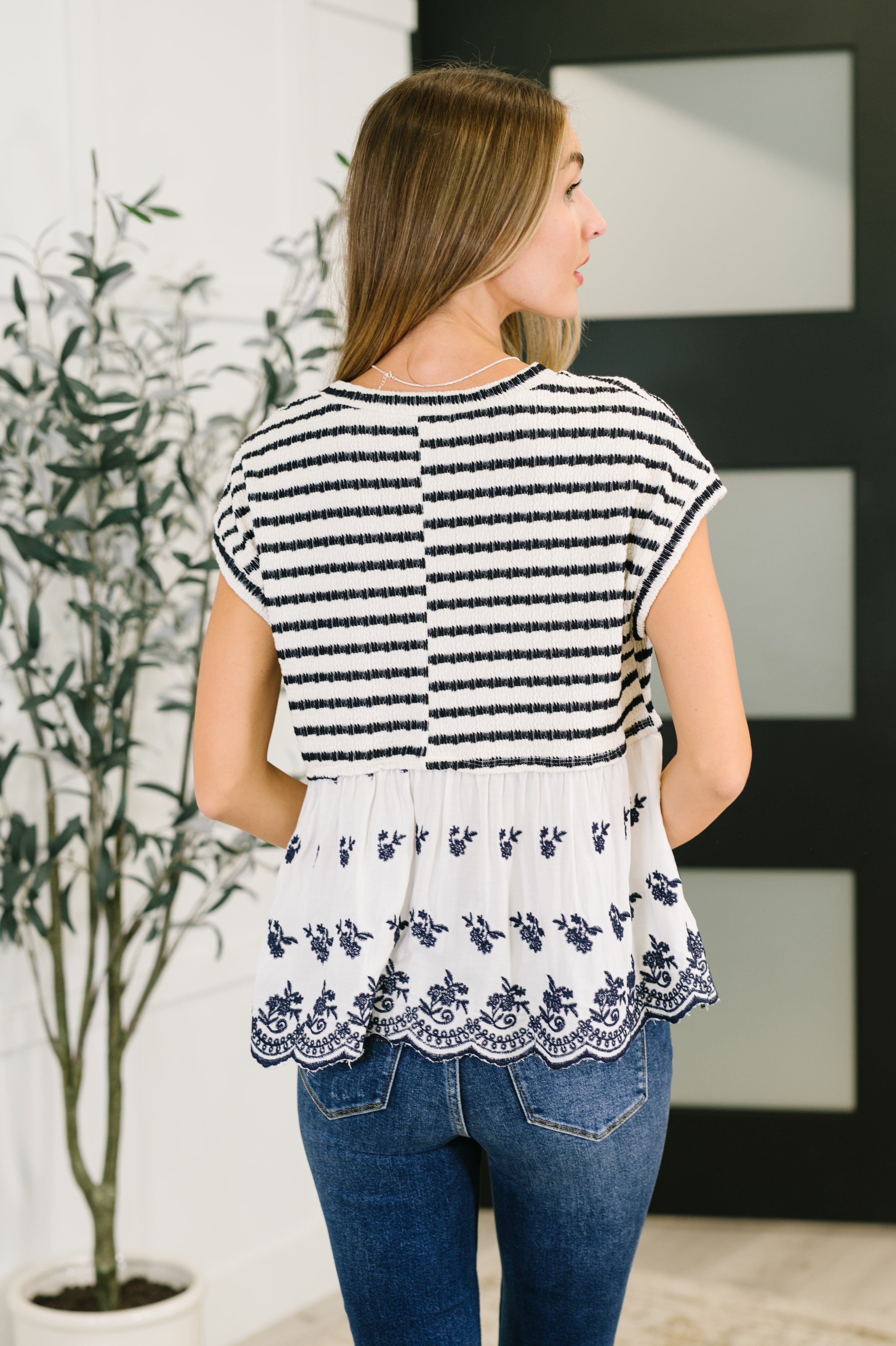 Too Sweet to Share Scalloped Hem Blouse in Ivory and Navy - Charming Charlie
