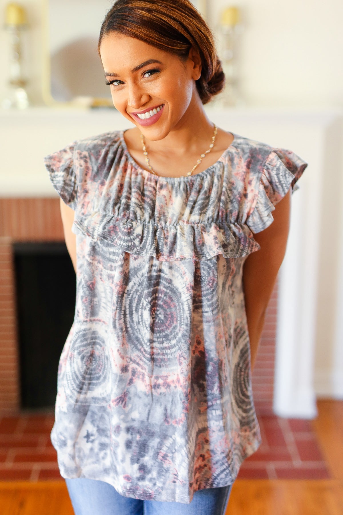 Everyday Gray & Coral Tie Dye Frilled Short Sleeve Yoke Top - Charming Charlie