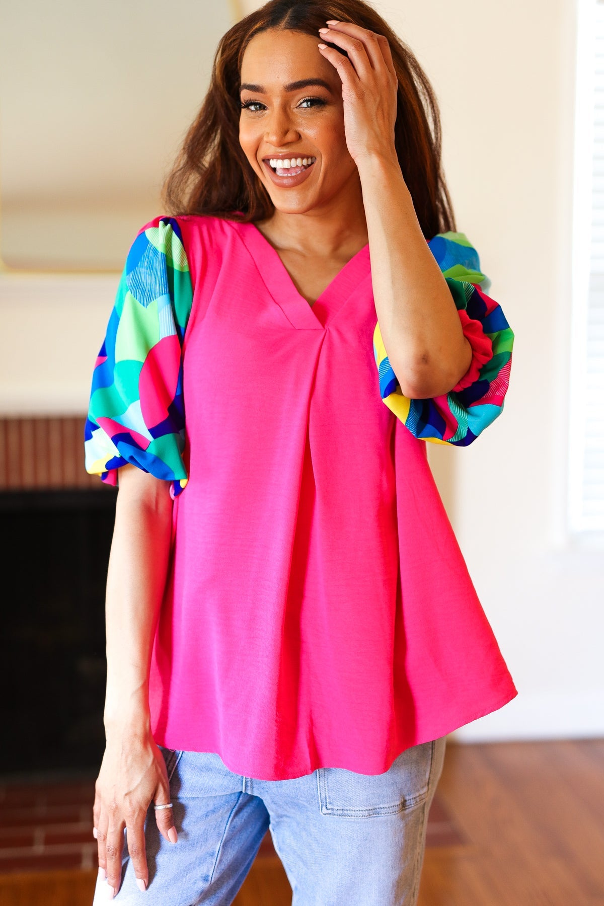 Tell Your Story Fuchsia Geo Print Puff Sleeve V Neck Top - Charming Charlie